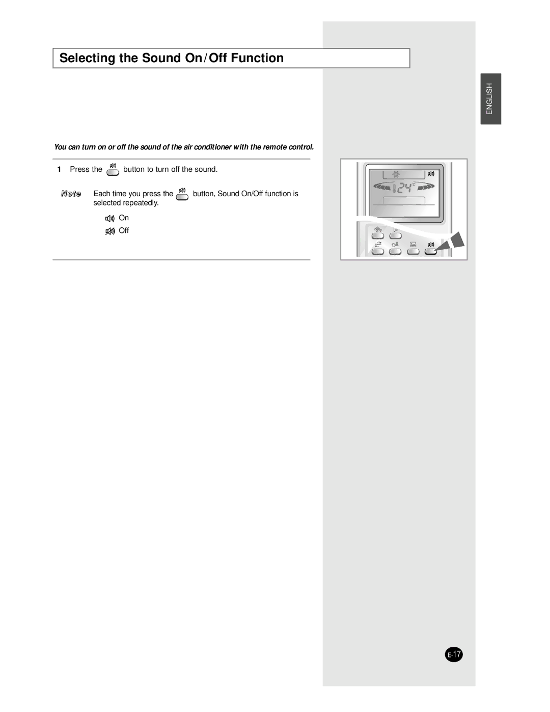 Samsung AS18BPAX, AS09BPAN, AS24BPAX, AS24BPAN, AS12BPAN, AS18BPAN manual Selecting the Sound On / Off Function 