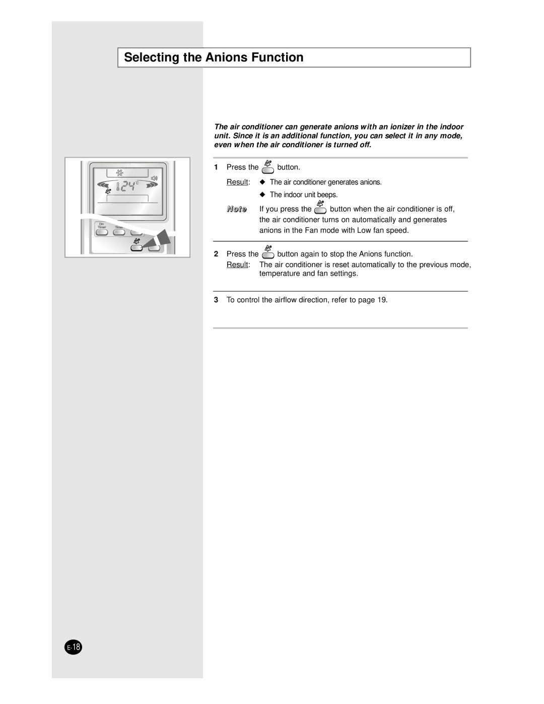 Samsung AS09BPAN, AS24BPAX, AS24BPAN, AS12BPAN, AS18BPAN, AS18BPAX manual Selecting the Anions Function 