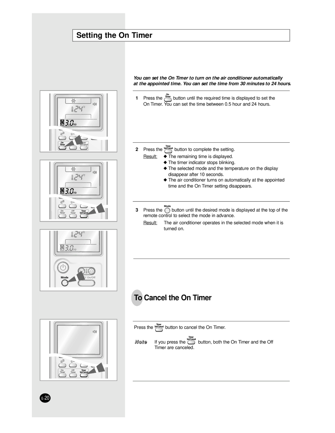 Samsung AS24BPAN, AS09BPAN, AS24BPAX, AS12BPAN, AS18BPAN, AS18BPAX manual Setting the On Timer, To Cancel the On Timer 