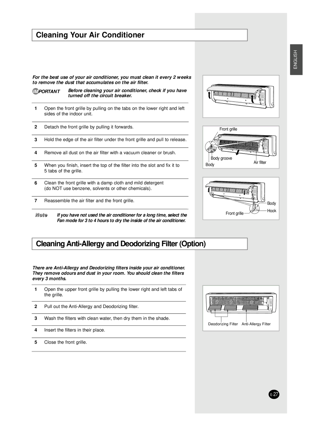 Samsung AS12BPAN, AS09BPAN, AS24BPAX Cleaning Your Air Conditioner, Cleaning Anti-Allergy and Deodorizing Filter Option 