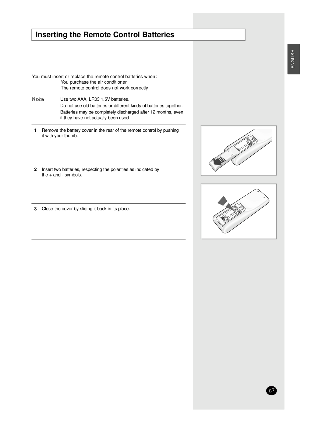 Samsung AS24BPAX, AS09BPAN, AS24BPAN, AS12BPAN, AS18BPAN, AS18BPAX manual Inserting the Remote Control Batteries 