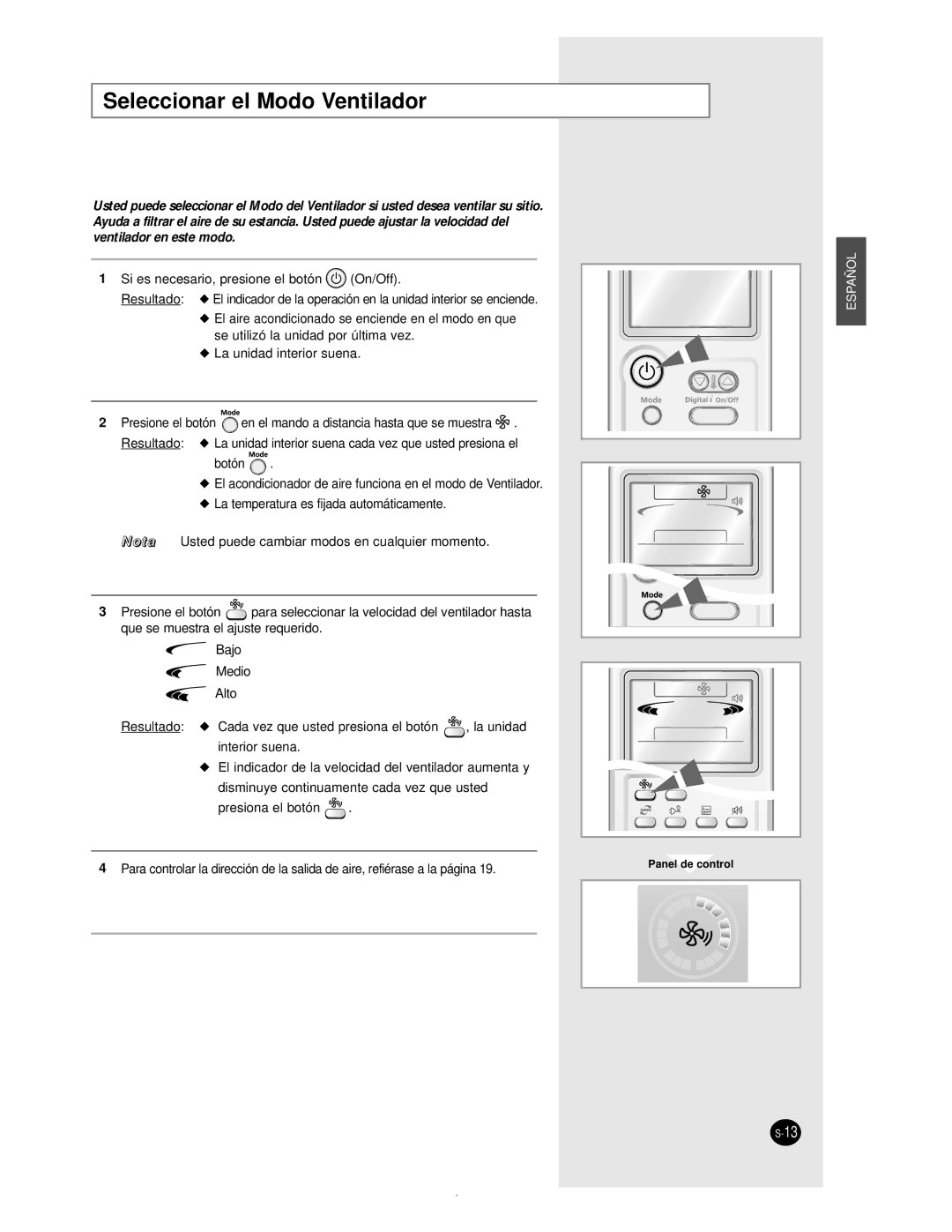 Samsung AS24BPAX, AS09BPAN, AS24BPAN, AS12BPAN, AS18BPAN, AS18BPAX manual Seleccionar el Modo Ventilador 