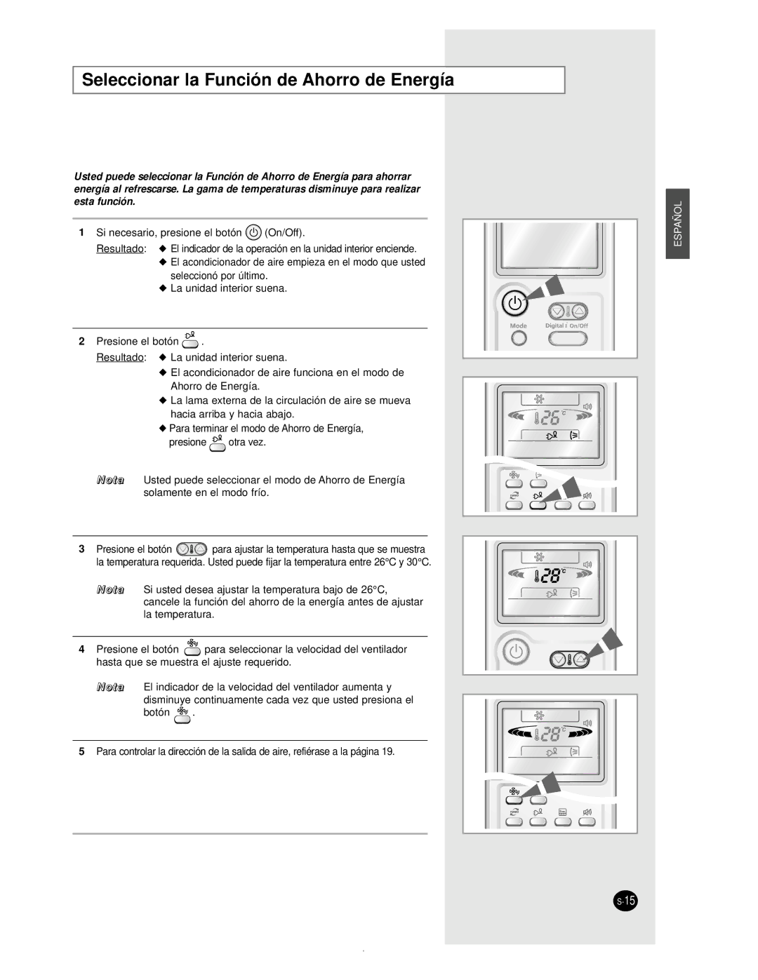 Samsung AS12BPAN, AS09BPAN, AS24BPAX, AS24BPAN, AS18BPAN, AS18BPAX manual Seleccionar la Función de Ahorro de Energía 