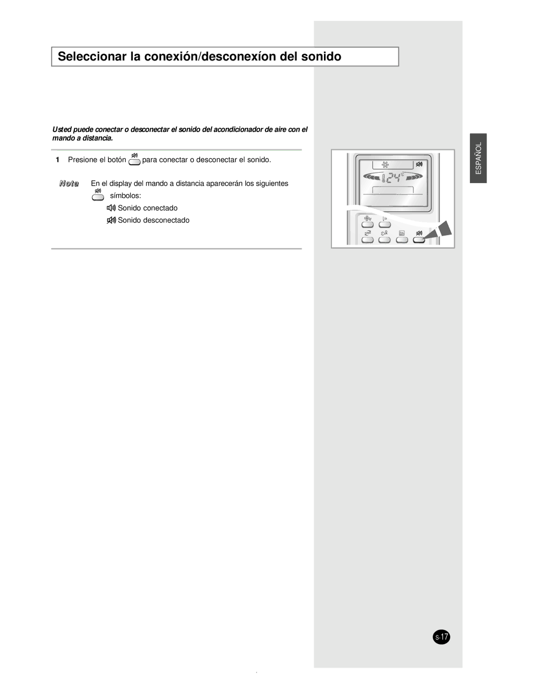 Samsung AS18BPAX, AS09BPAN, AS24BPAX, AS24BPAN, AS12BPAN, AS18BPAN manual Seleccionar la conexión/desconexíon del sonido 