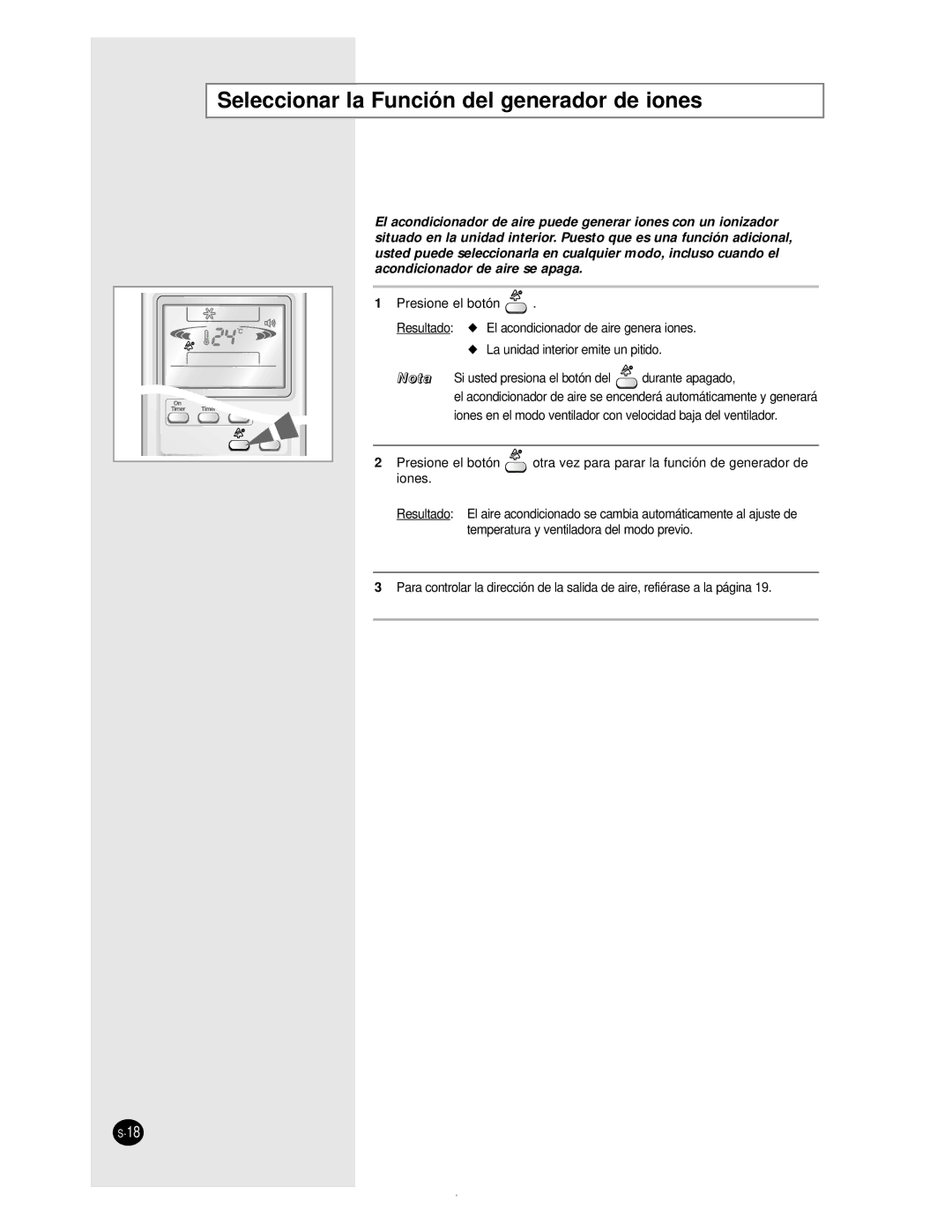 Samsung AS09BPAN, AS24BPAX, AS24BPAN, AS12BPAN, AS18BPAN, AS18BPAX manual Seleccionar la Función del generador de iones, Nota 