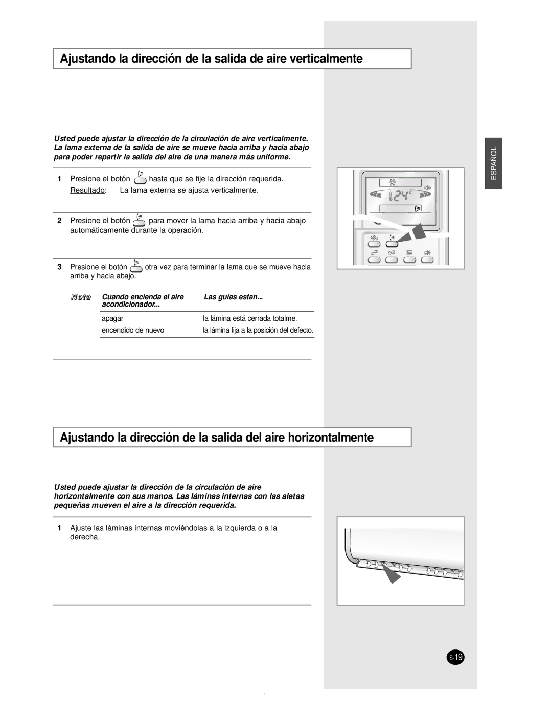 Samsung AS24BPAX, AS09BPAN, AS24BPAN, AS12BPAN, AS18BPAN, AS18BPAX Ajustando la dirección de la salida de aire verticalmente 