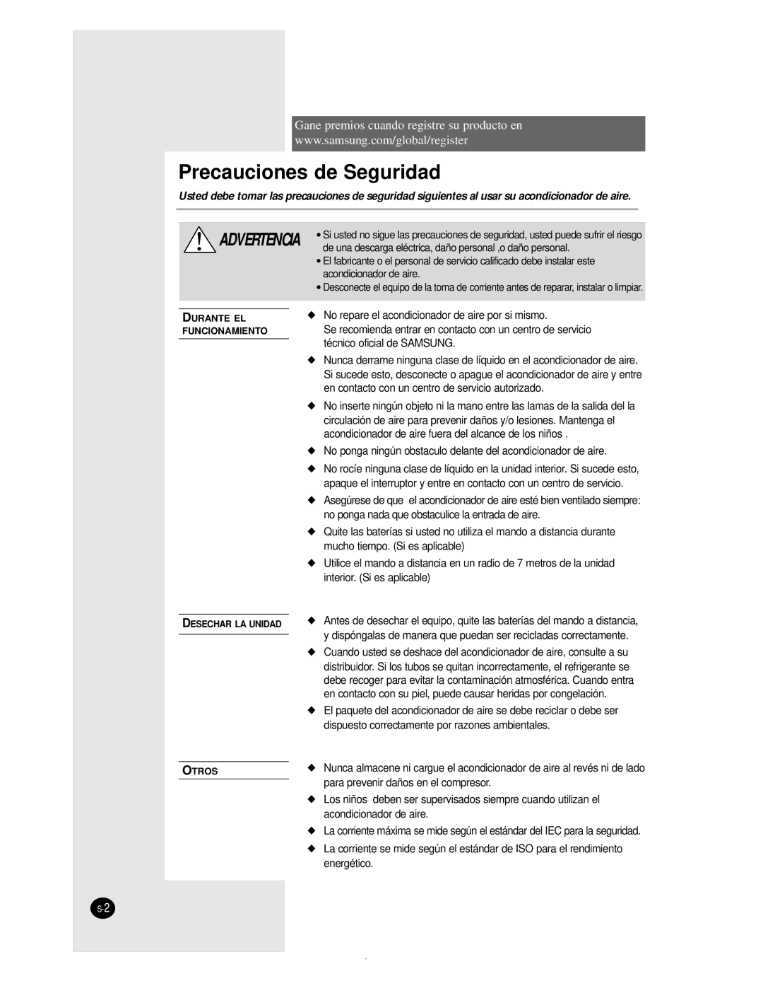 Samsung AS24BPAN, AS09BPAN, AS24BPAX, AS12BPAN, AS18BPAN, AS18BPAX manual Precauciones de Seguridad 