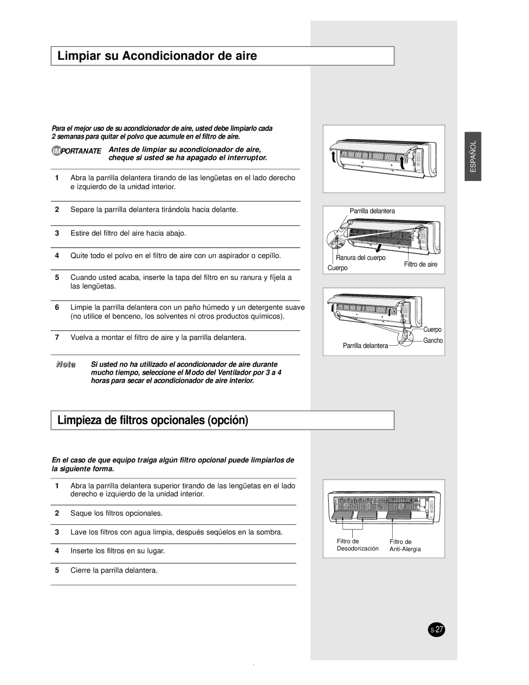 Samsung AS12BPAN, AS09BPAN, AS24BPAX, AS24BPAN manual Limpiar su Acondicionador de aire, Limpieza de filtros opcionales opción 