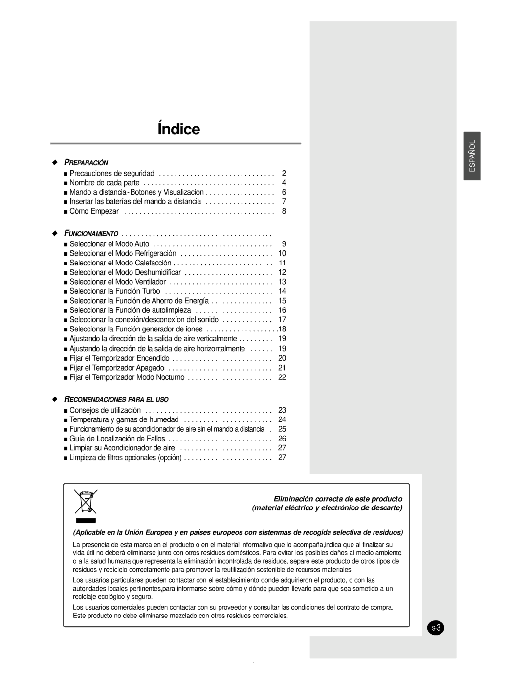 Samsung AS12BPAN, AS09BPAN, AS24BPAX, AS24BPAN, AS18BPAN, AS18BPAX manual Índice 