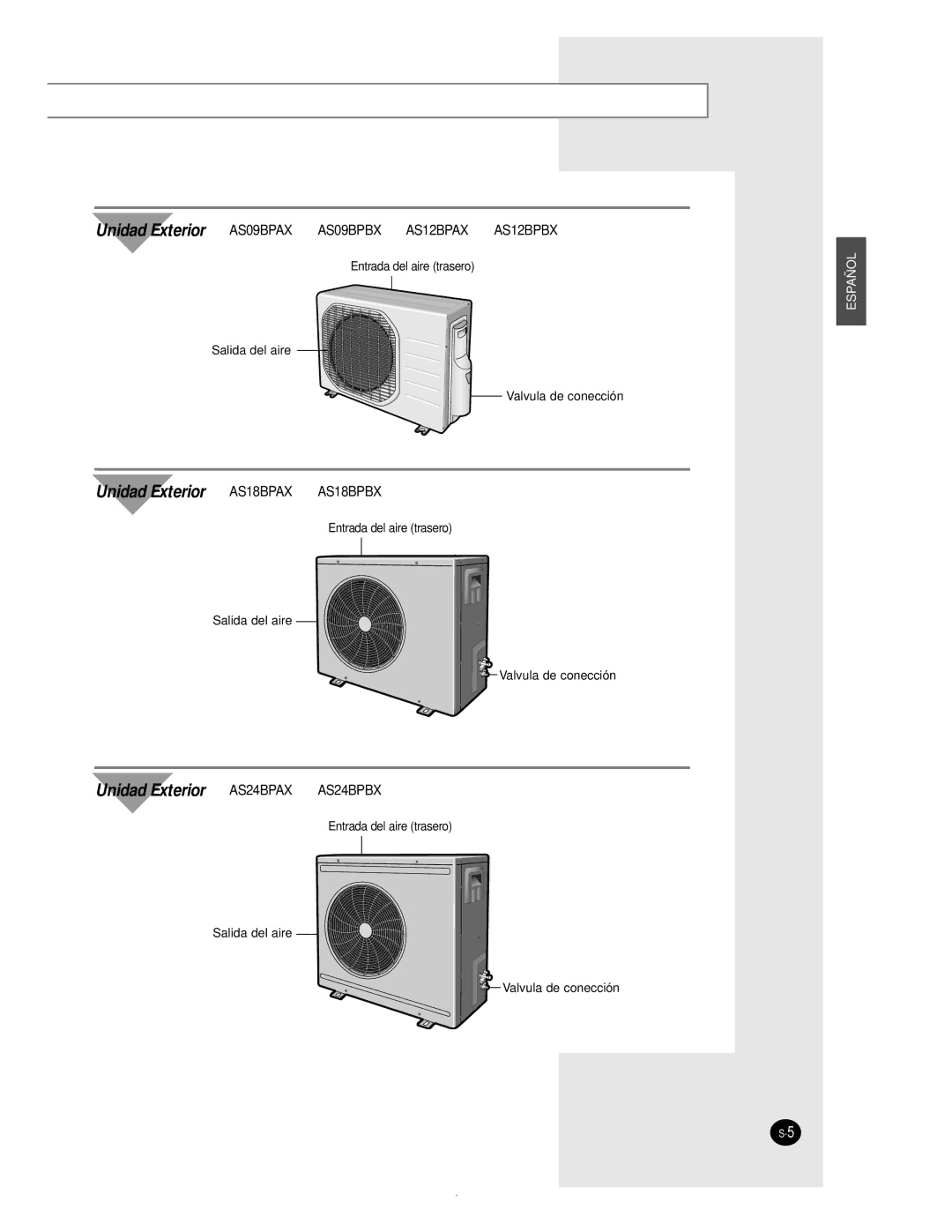 Samsung AS18BPAX, AS09BPAN, AS24BPAX, AS24BPAN, AS12BPAN, AS18BPAN manual Unidad Exterior AS09BPAX AS09BPBX AS12BPAX AS12BPBX 