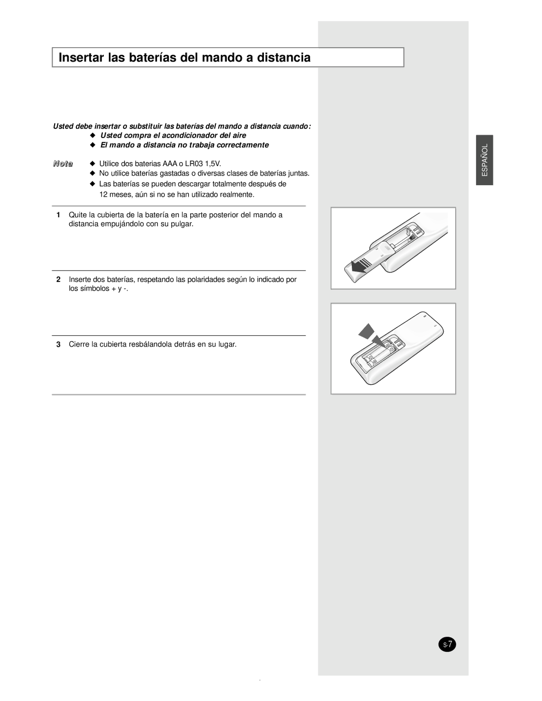 Samsung AS24BPAX, AS09BPAN, AS24BPAN, AS12BPAN, AS18BPAN, AS18BPAX manual Insertar las baterías del mando a distancia 