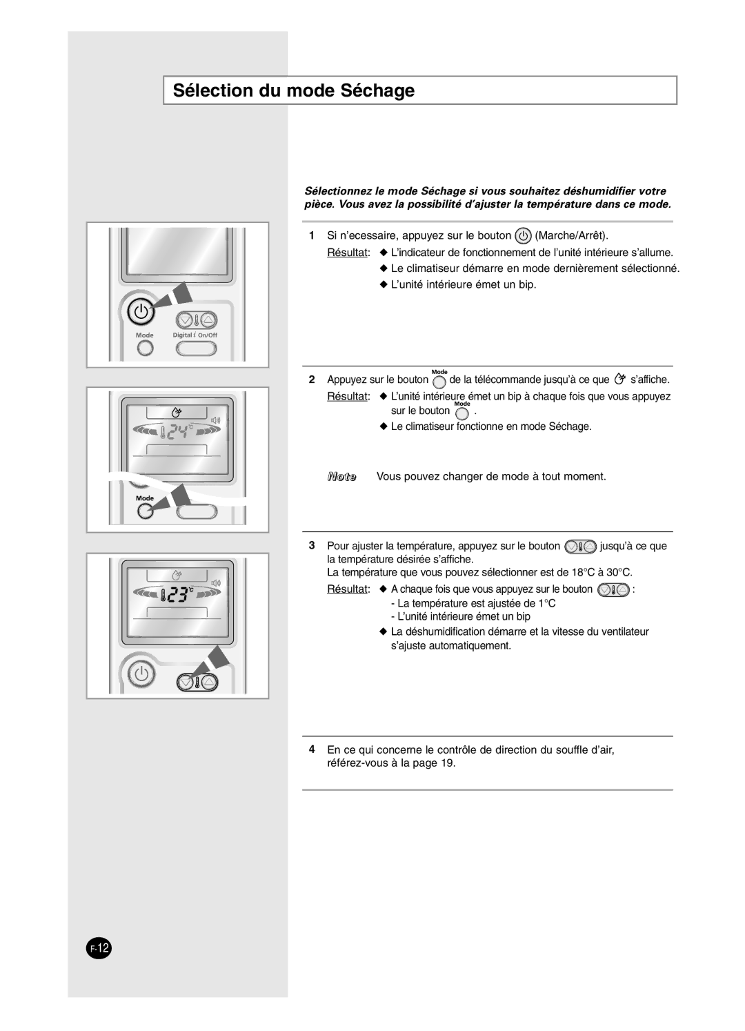 Samsung AS12BPAN, AS09BPAN, AS24BPAX, AS24BPAN, AS12BPAX, AS09BPAX, AS18BPAN, AS18BPAX manual Sélection du mode Séchage 