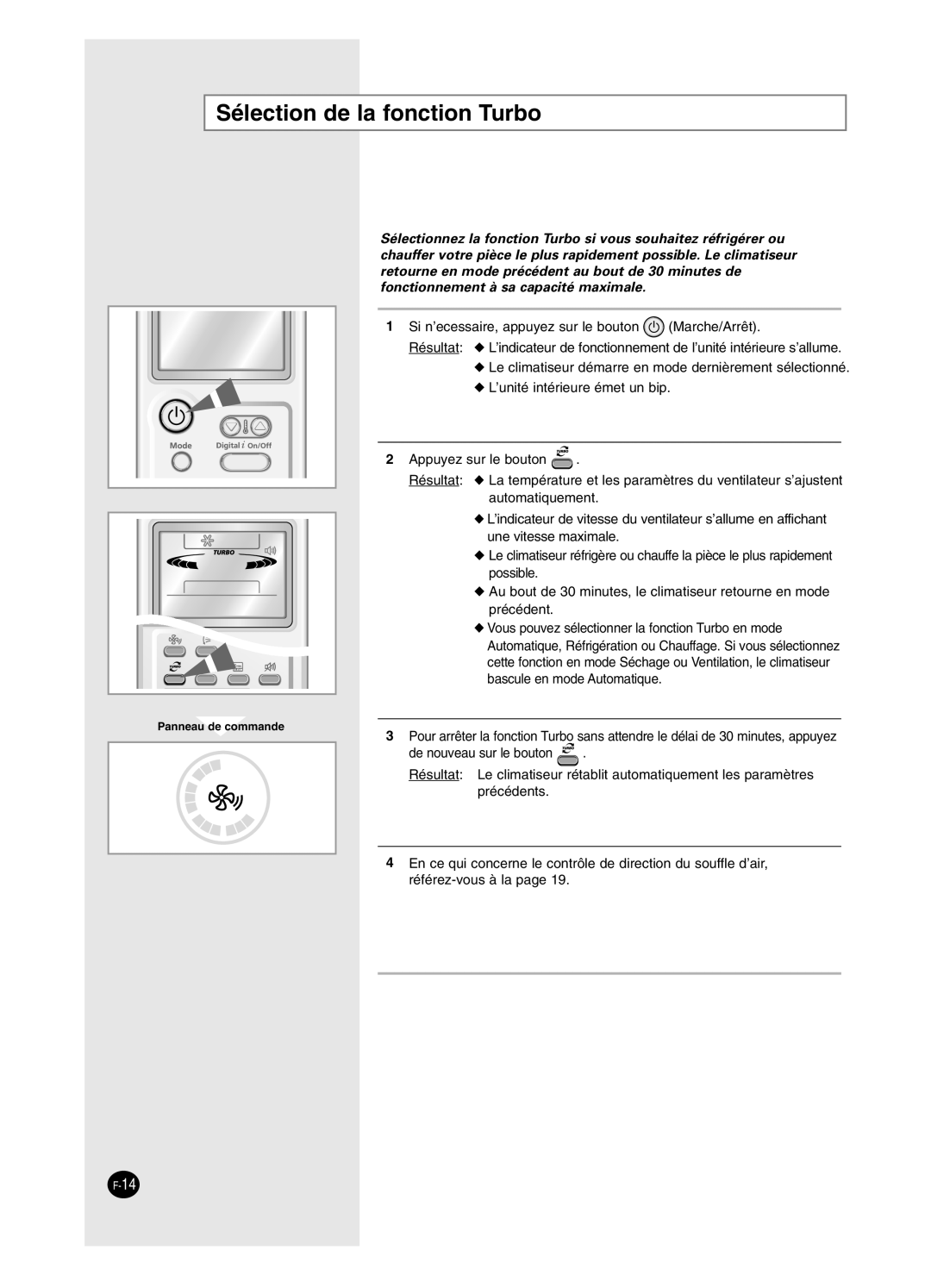 Samsung AS18BPAN, AS09BPAN, AS24BPAX, AS24BPAN, AS12BPAX, AS12BPAN, AS09BPAX, AS18BPAX manual Sélection de la fonction Turbo 