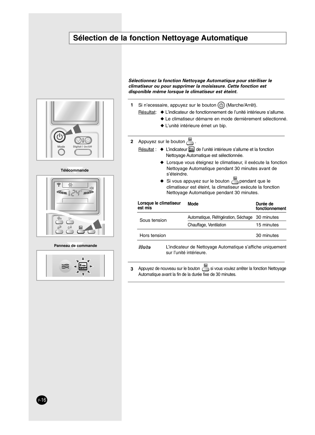 Samsung AS09BPAN, AS24BPAX Sélection de la fonction Nettoyage Automatique, Lorsque le climatiseur Mode Durée de Est mis 