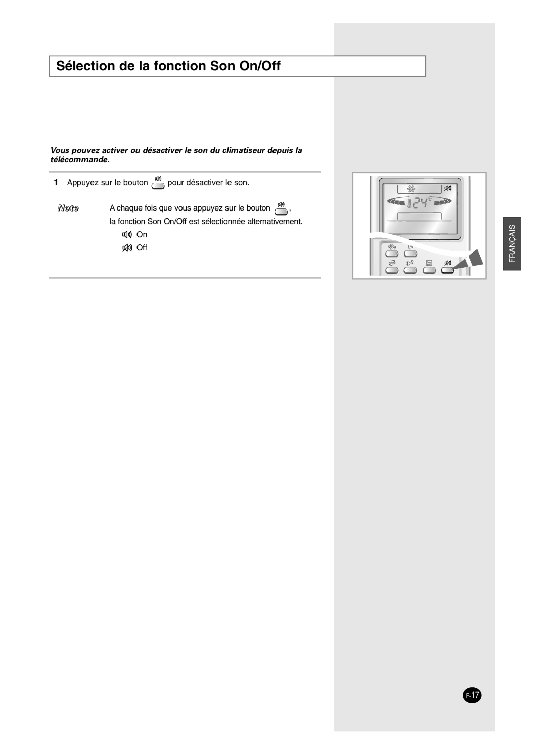 Samsung AS24BPAX, AS09BPAN, AS24BPAN, AS12BPAX, AS12BPAN, AS09BPAX, AS18BPAN, AS18BPAX manual Sélection de la fonction Son On/Off 