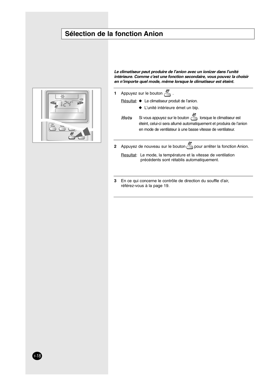 Samsung AS24BPAN, AS09BPAN, AS24BPAX, AS12BPAX, AS12BPAN, AS09BPAX, AS18BPAN, AS18BPAX manual Sélection de la fonction Anion 