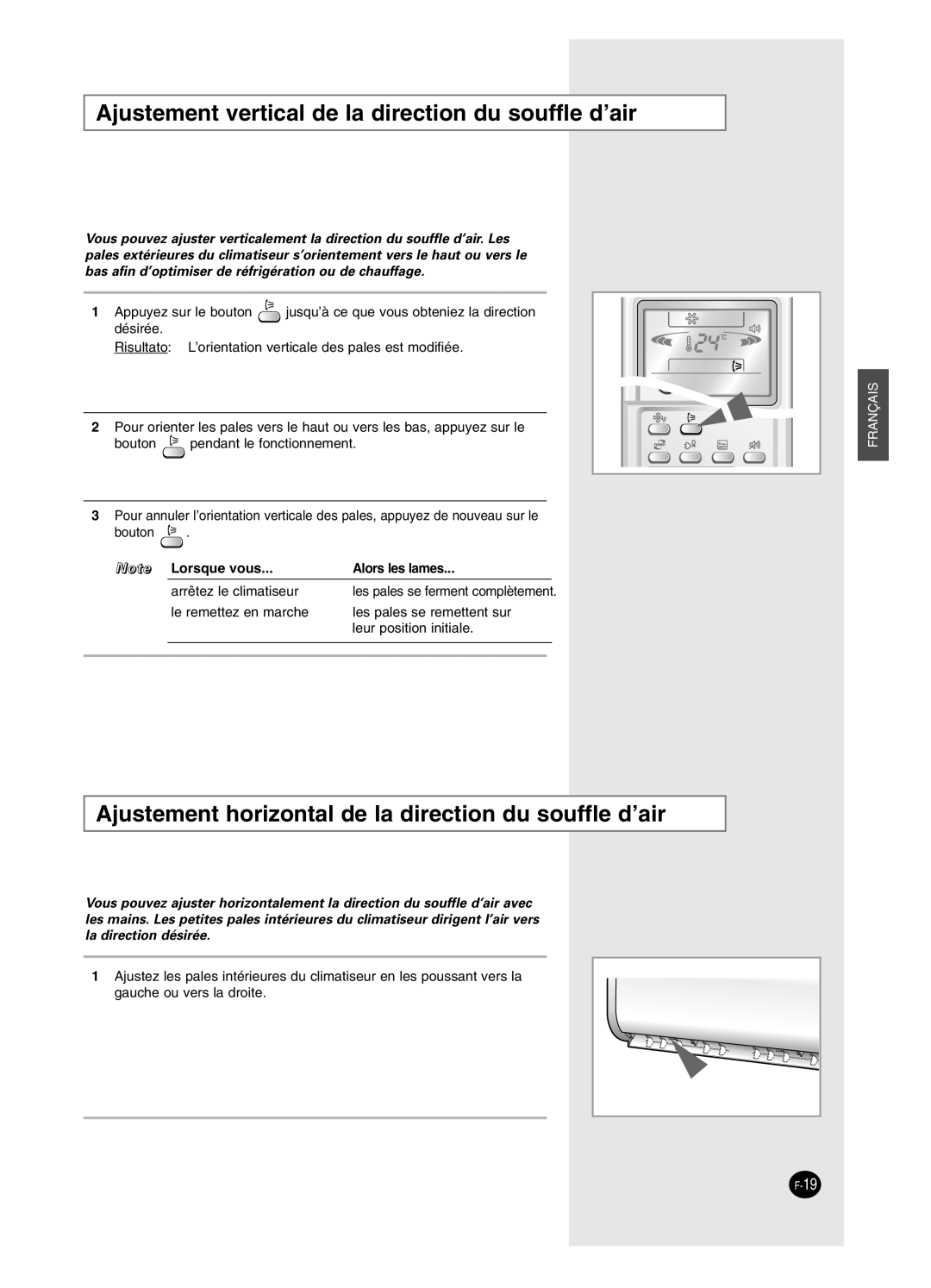 Samsung AS12BPAX, AS09BPAN, AS24BPAX, AS24BPAN, AS12BPAN, AS09BPAX manual Ajustement vertical de la direction du souffle d’air 