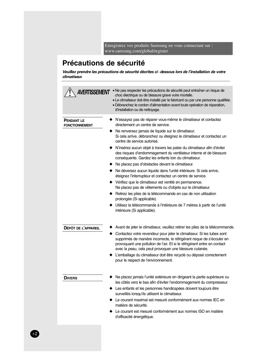 Samsung AS24BPAN, AS09BPAN, AS24BPAX, AS12BPAX, AS12BPAN, AS09BPAX, AS18BPAN, AS18BPAX manual Précautions de sécurité 