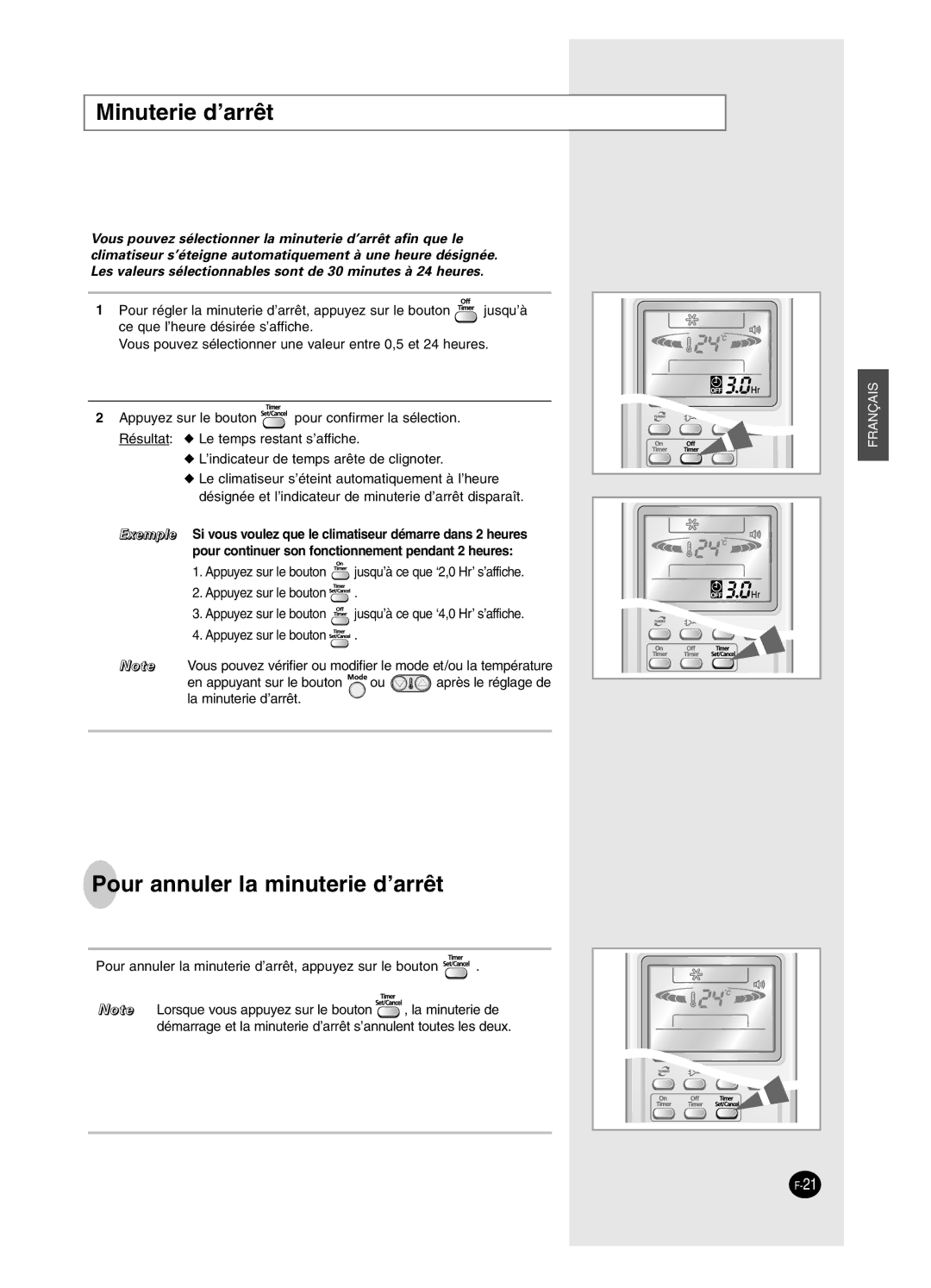 Samsung AS09BPAX, AS09BPAN, AS24BPAX, AS24BPAN, AS12BPAX, AS12BPAN manual Minuterie d’arrêt, Pour annuler la minuterie d’arrêt 