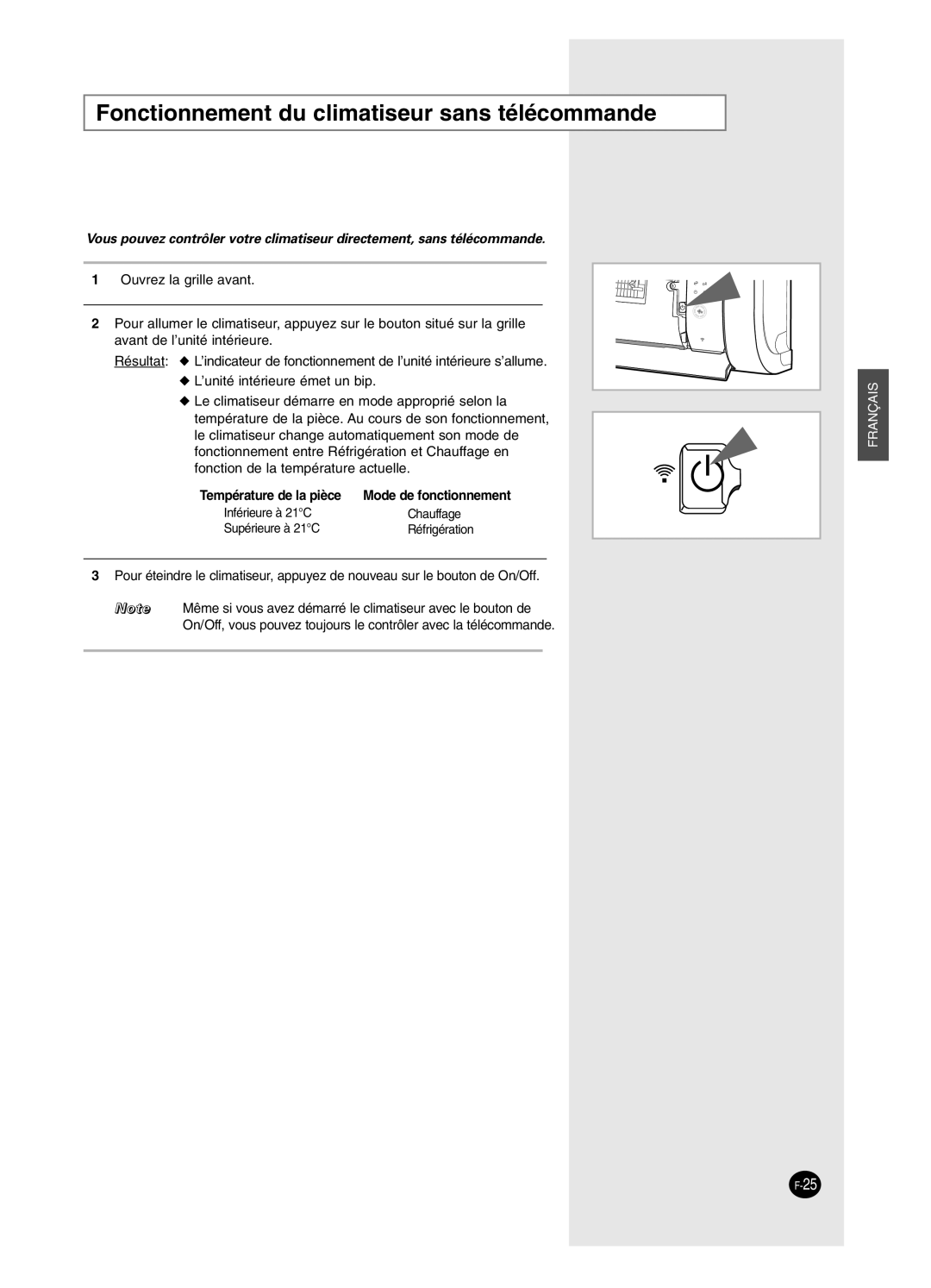 Samsung AS24BPAX, AS09BPAN, AS24BPAN, AS12BPAX manual Fonctionnement du climatiseur sans télécommande, Température de la pièce 