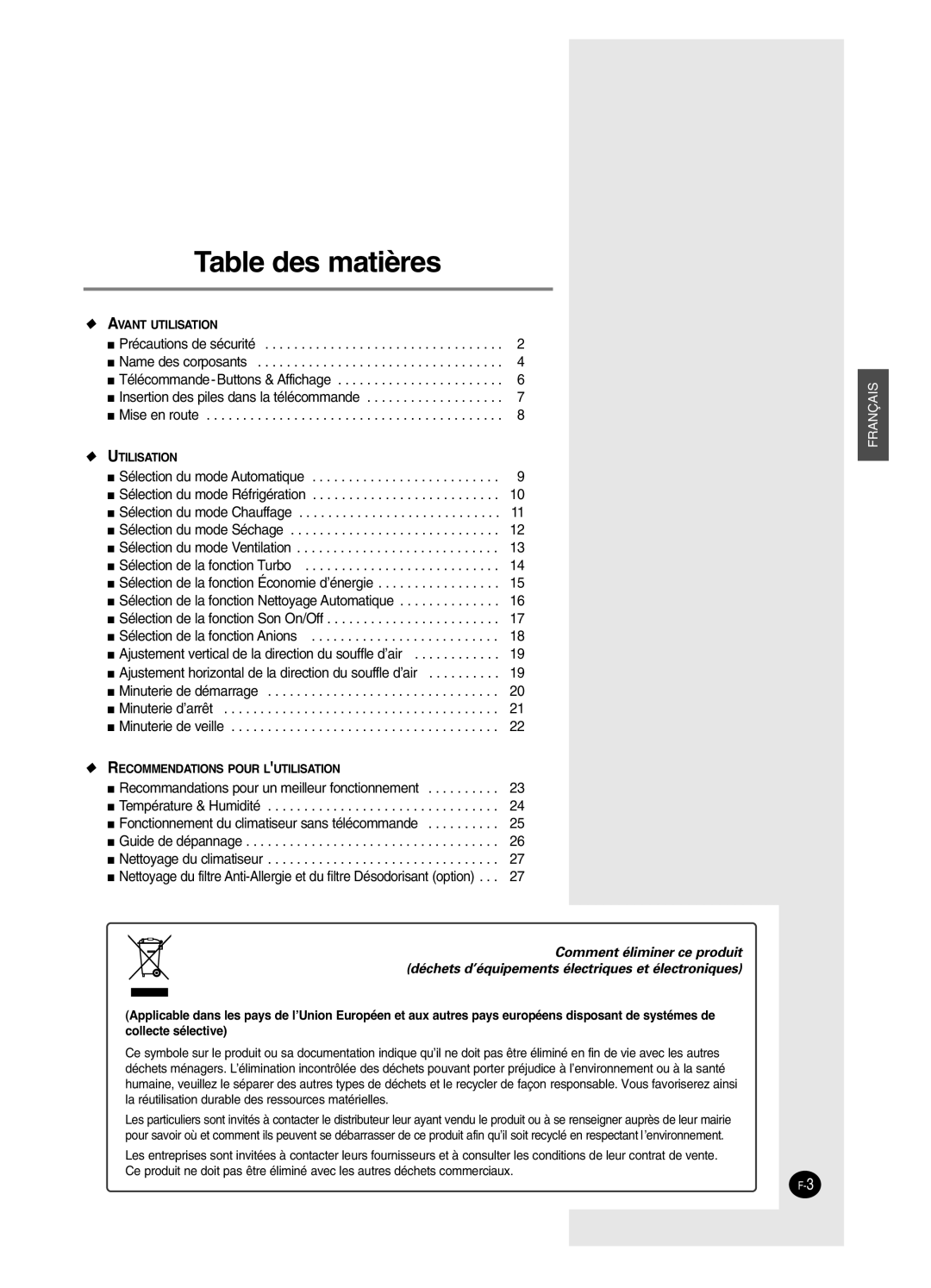 Samsung AS12BPAX, AS09BPAN, AS24BPAX, AS24BPAN, AS12BPAN, AS09BPAX, AS18BPAN, AS18BPAX manual Table des matières 