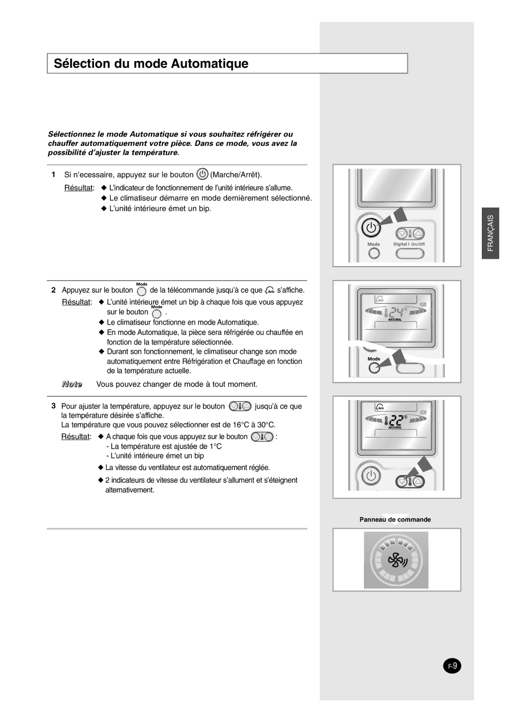 Samsung AS24BPAX, AS09BPAN, AS24BPAN, AS12BPAX, AS12BPAN, AS09BPAX, AS18BPAN, AS18BPAX manual Sélection du mode Automatique 