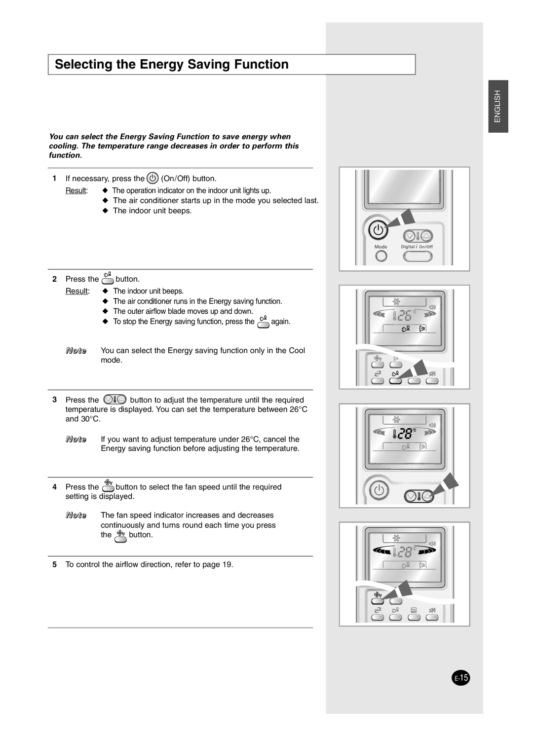 Samsung AS18BPAX, AS09BPAN, AS24BPAX, AS24BPAN, AS12BPAX, AS12BPAN, AS09BPAX, AS18BPAN manual Selecting the Energy Saving Function 