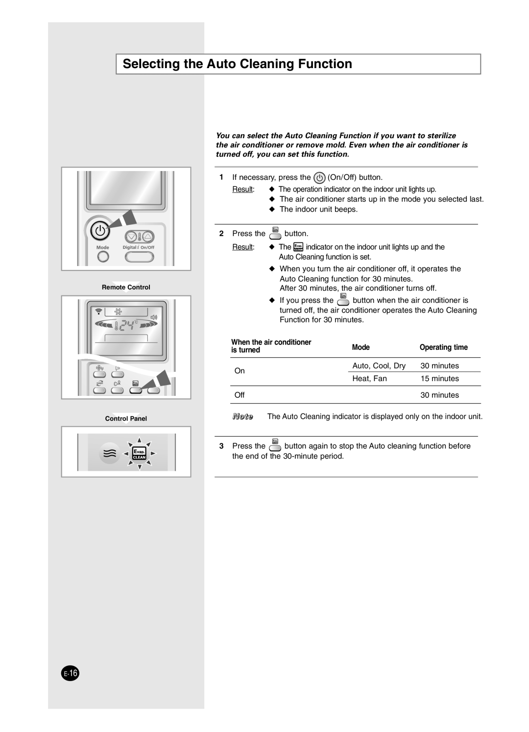 Samsung AS09BPAN, AS24BPAX Selecting the Auto Cleaning Function, When the air conditioner Mode Operating time Is turned 