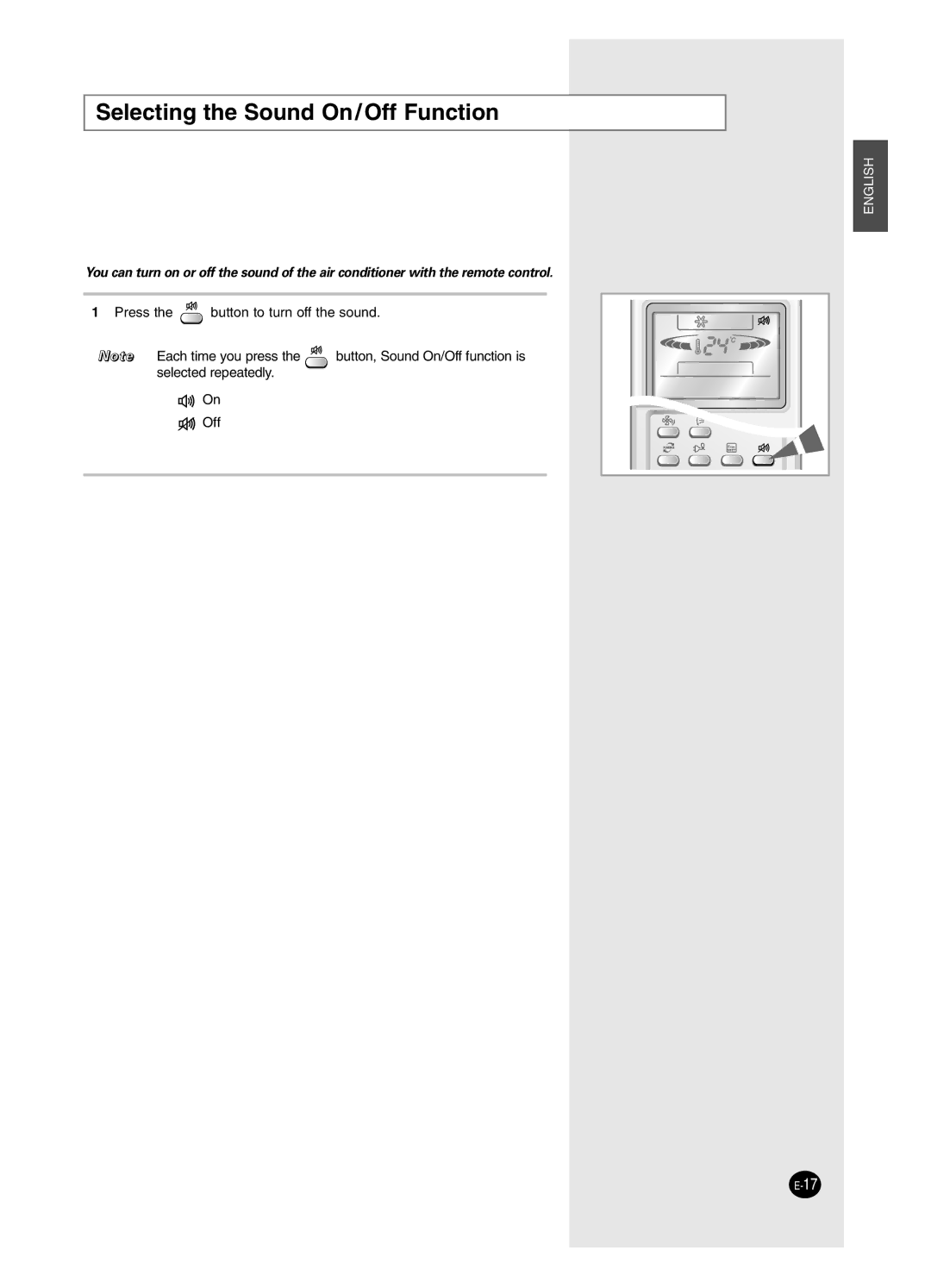 Samsung AS24BPAX, AS09BPAN, AS24BPAN, AS12BPAX, AS12BPAN, AS09BPAX, AS18BPAN, AS18BPAX manual Selecting the Sound On/Off Function 