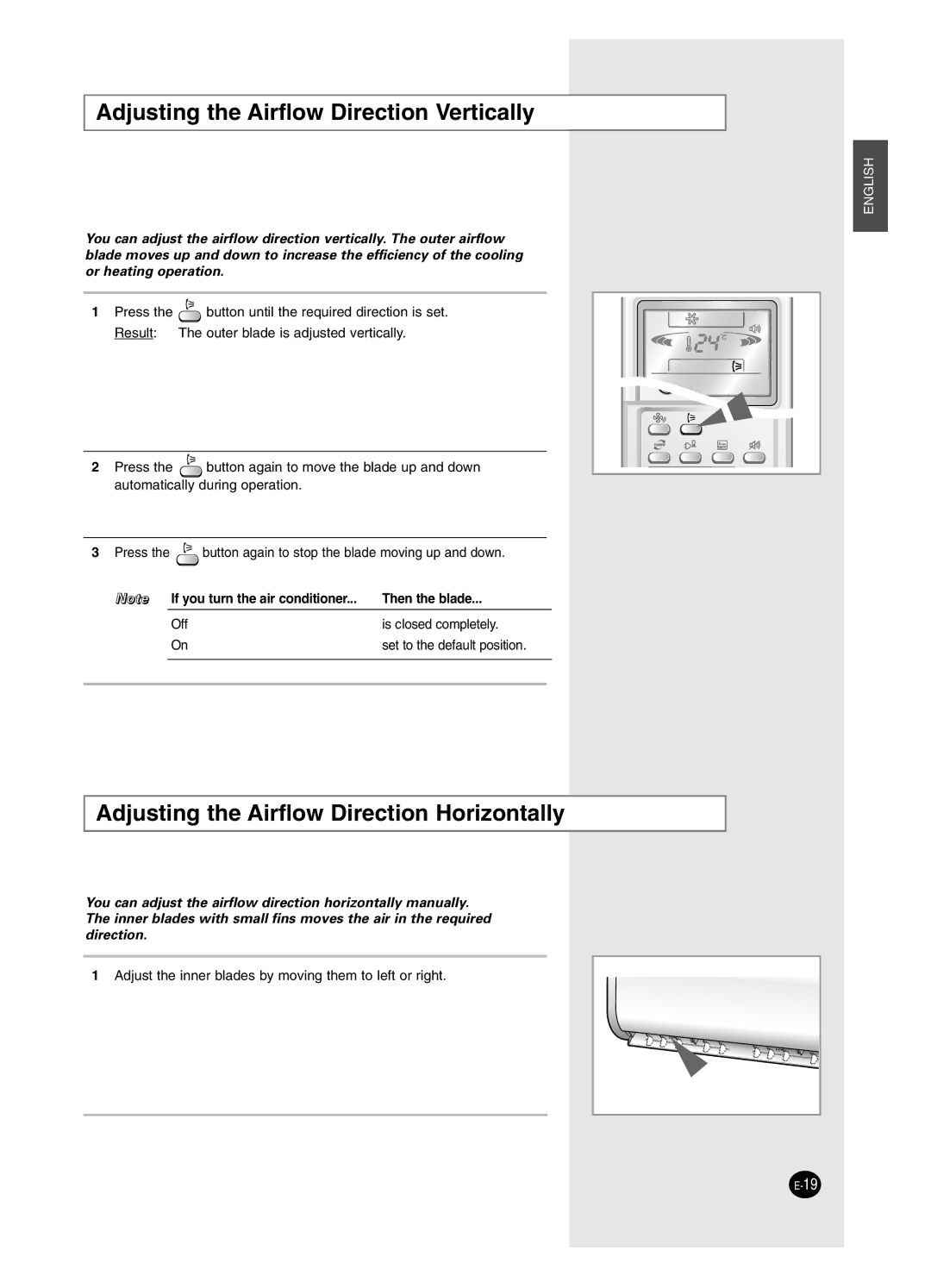 Samsung AS12BPAX, AS09BPAN manual Adjusting the Airflow Direction Vertically, Adjusting the Airflow Direction Horizontally 