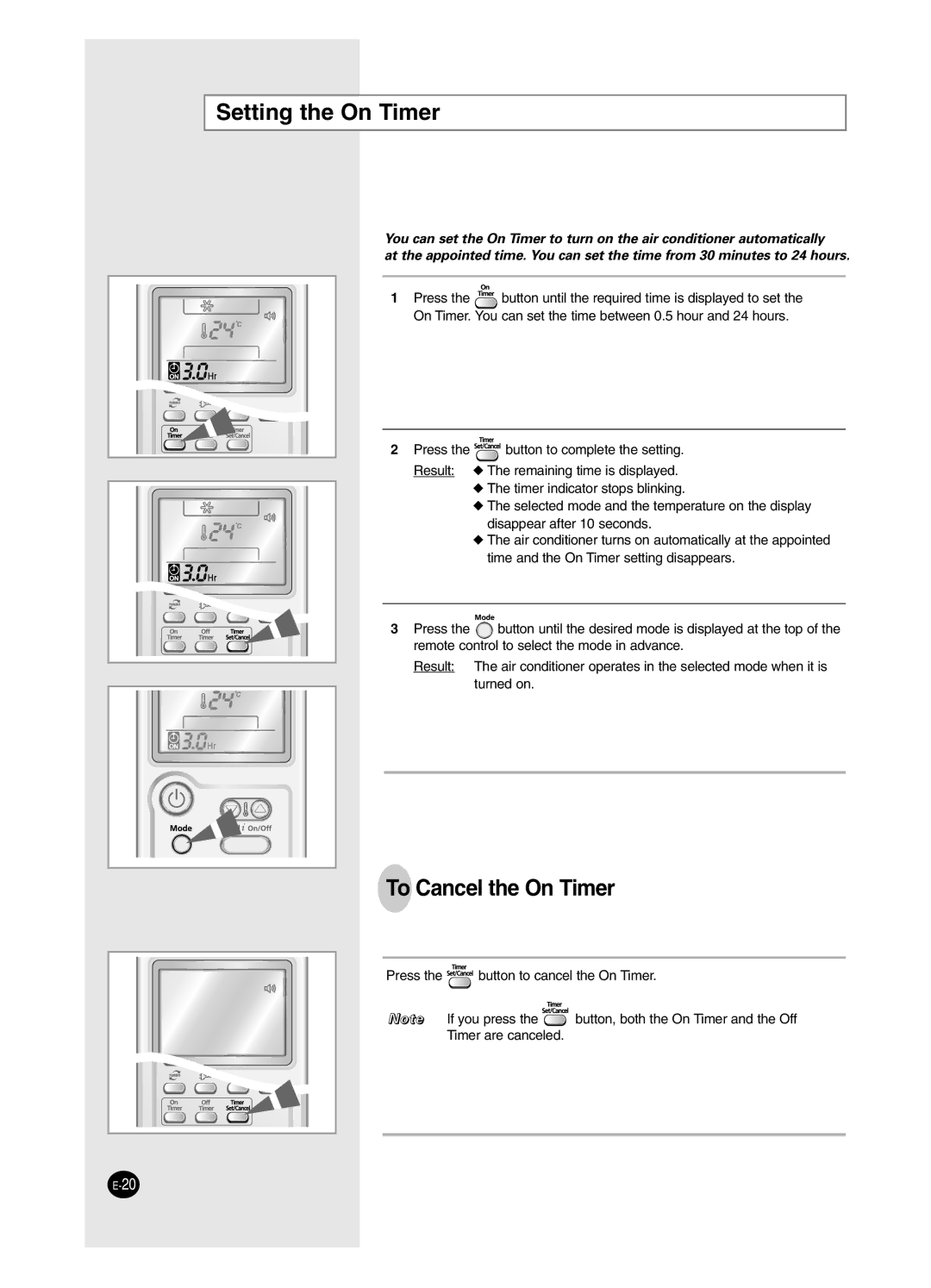 Samsung AS12BPAN, AS09BPAN, AS24BPAX, AS24BPAN, AS12BPAX, AS09BPAX, AS18BPAN manual Setting the On Timer, To Cancel the On Timer 