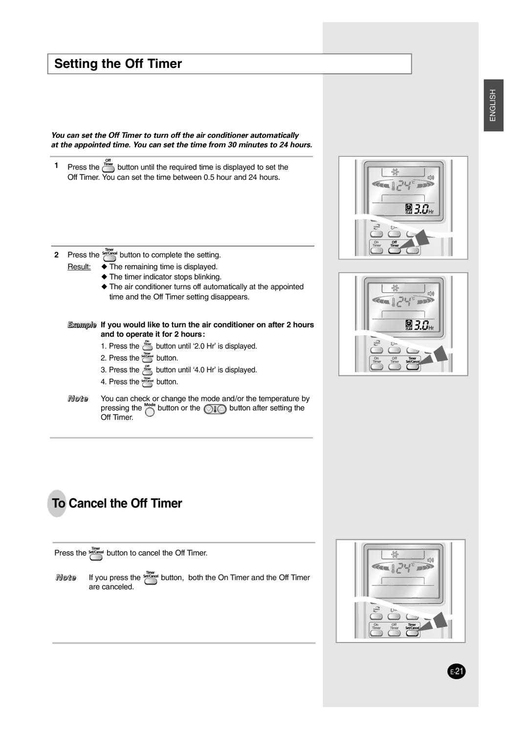 Samsung AS09BPAX, AS09BPAN, AS24BPAX, AS24BPAN, AS12BPAX, AS12BPAN, AS18BPAN Setting the Off Timer, To Cancel the Off Timer 