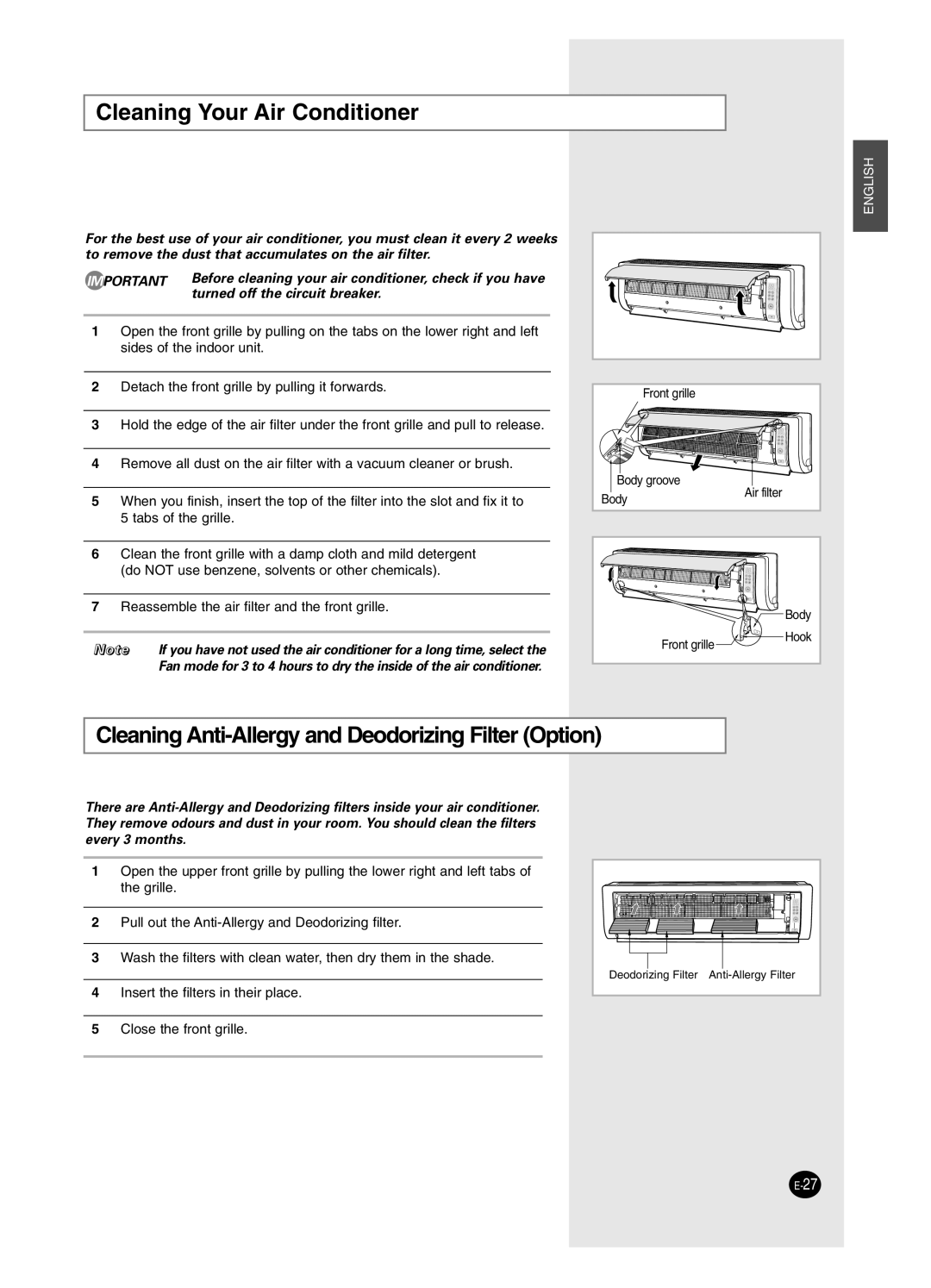 Samsung AS12BPAX, AS09BPAN, AS24BPAX Cleaning Your Air Conditioner, Cleaning Anti-Allergy and Deodorizing Filter Option 