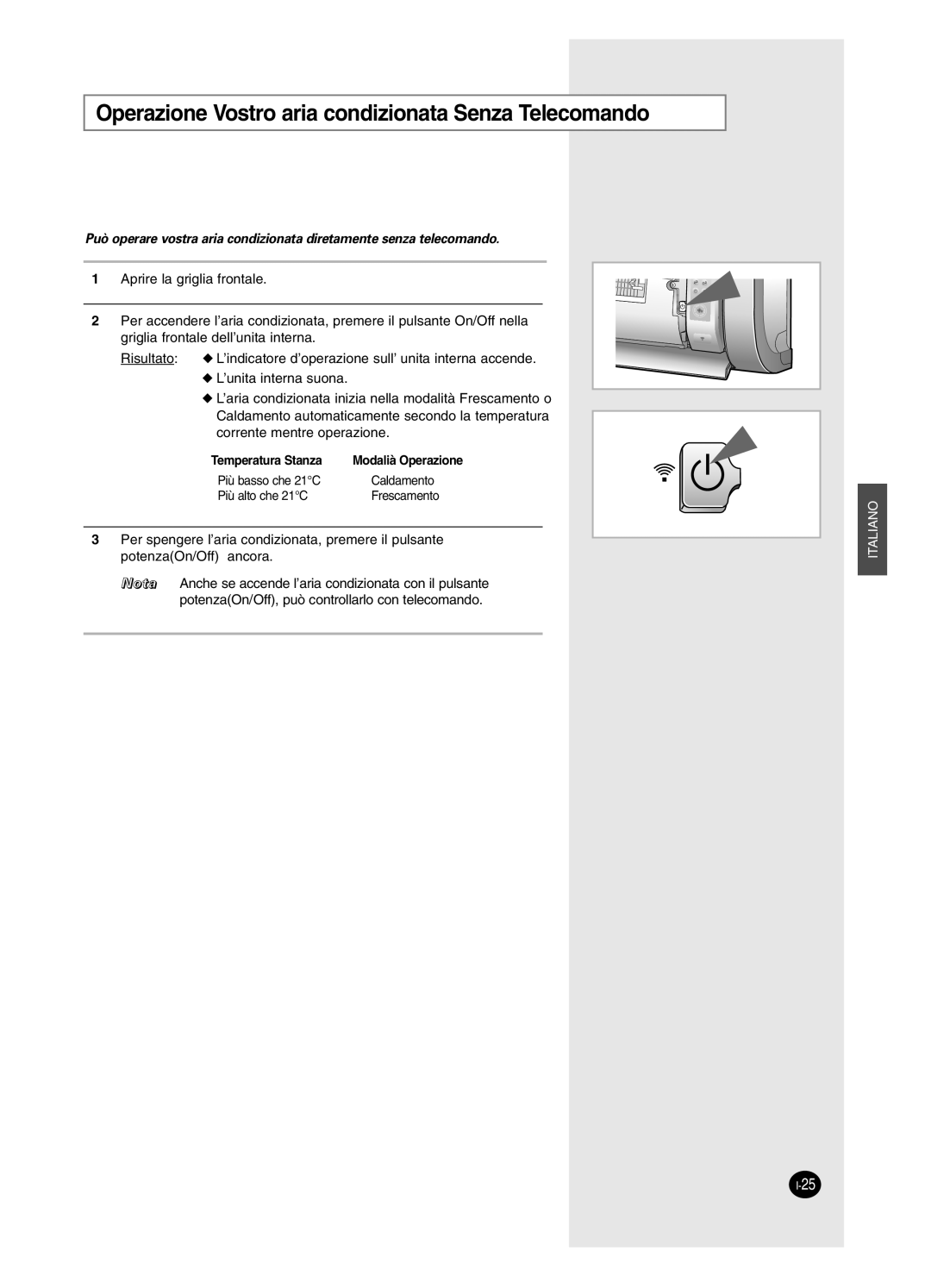 Samsung AS24BPAX, AS09BPAN, AS24BPAN, AS12BPAX Operazione Vostro aria condizionata Senza Telecomando, Temperatura Stanza 