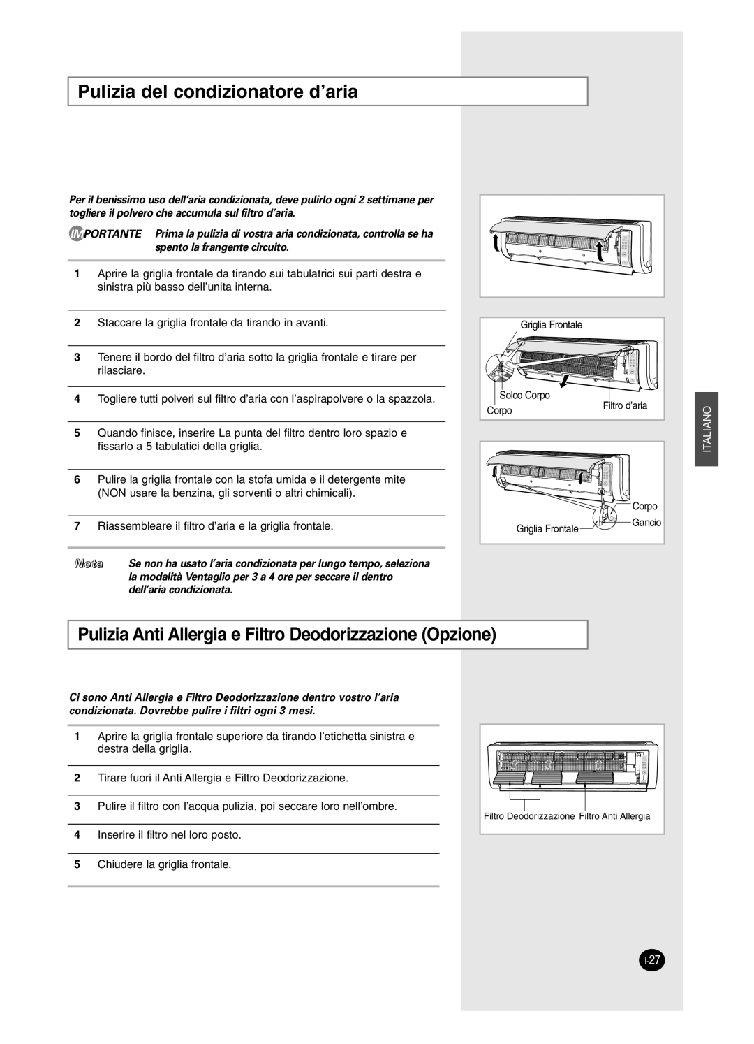 Samsung AS12BPAX, AS09BPAN manual Pulizia del condizionatore d’aria, Pulizia Anti Allergia e Filtro Deodorizzazione Opzione 