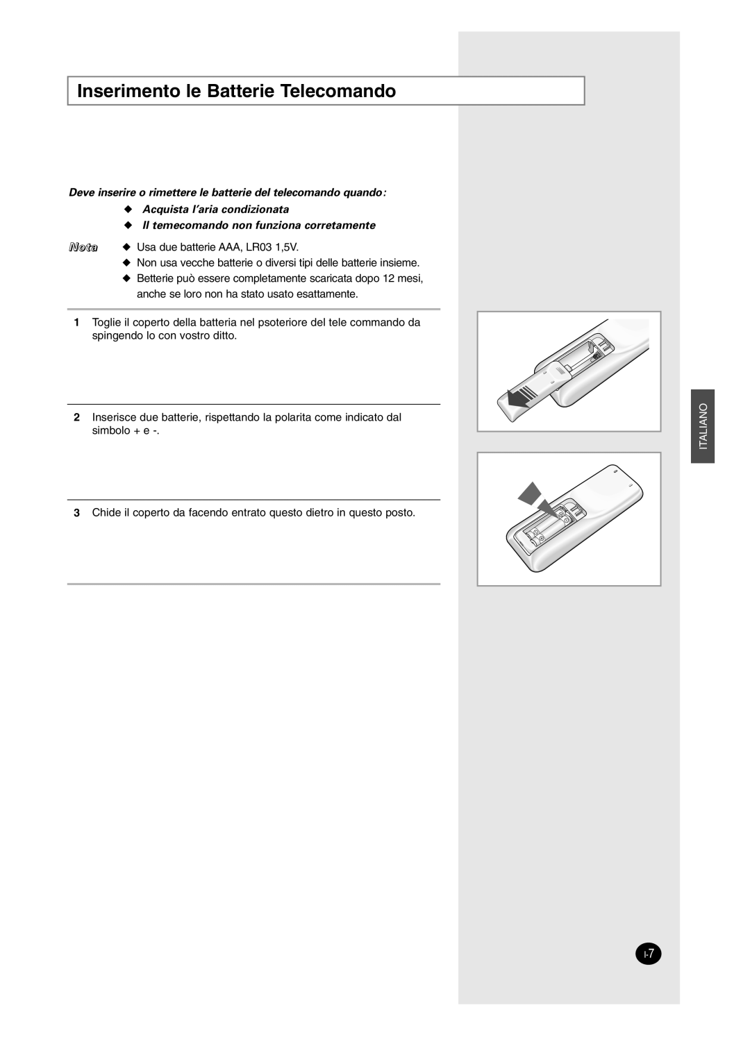 Samsung AS18BPAX, AS09BPAN, AS24BPAX, AS24BPAN, AS12BPAX, AS12BPAN, AS09BPAX, AS18BPAN manual Inserimento le Batterie Telecomando 