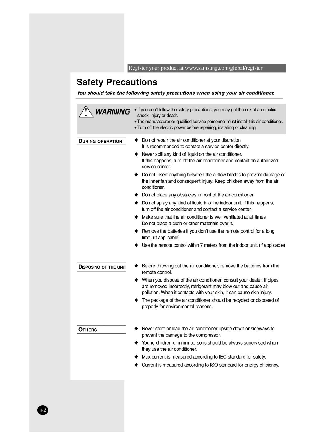 Samsung AS24BPAN, AS09BPAN, AS24BPAX, AS12BPAX, AS12BPAN, AS09BPAX, AS18BPAN, AS18BPAX manual Safety Precautions 