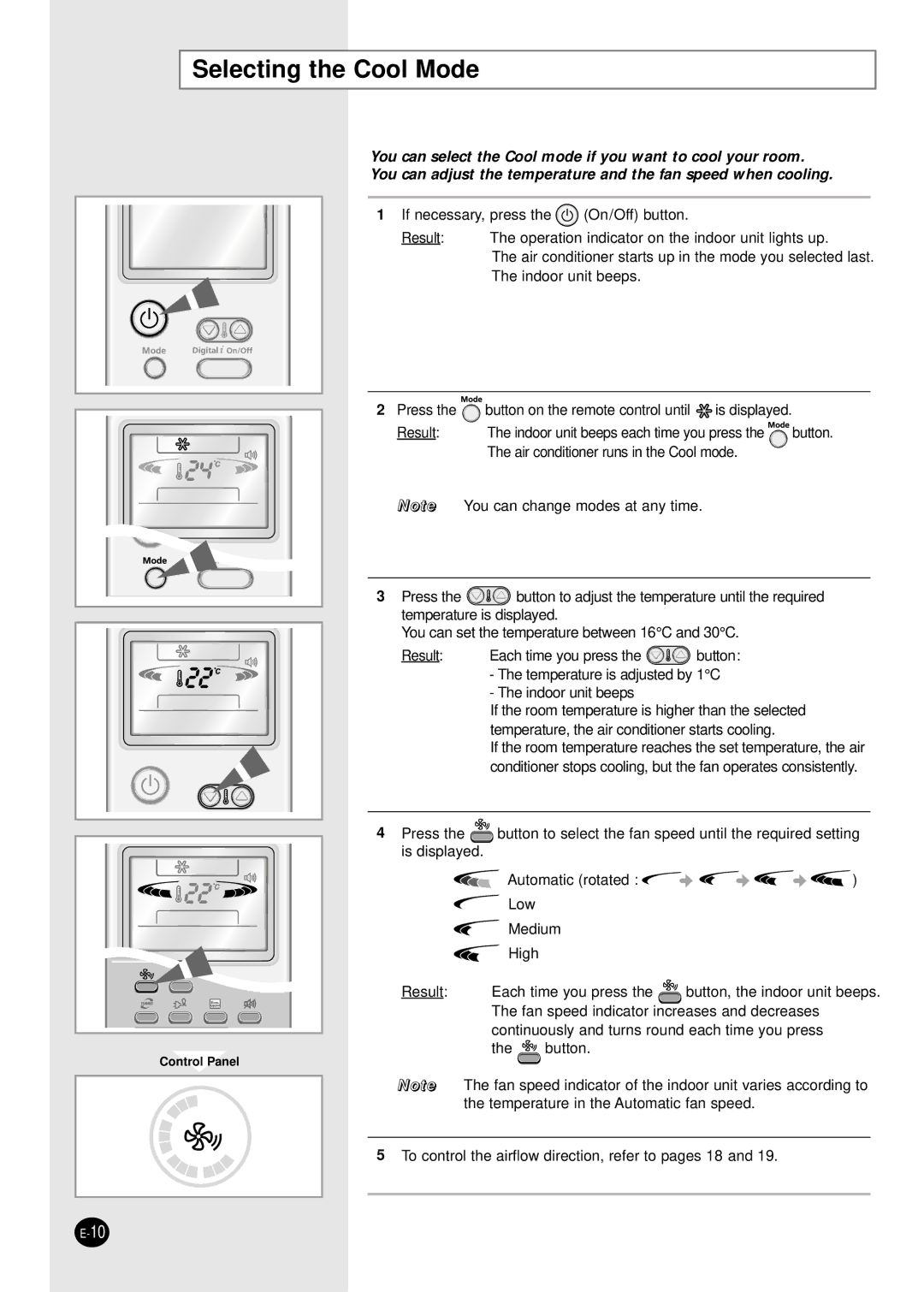 Samsung AS18CM1X, AS09CM1X, AS09CM2X, AS09CM2N, AS09CM1N, AS18CM1N, AS18CM2N, AS24CM1X, AS24CM2N, AS24CM1N Selecting the Cool Mode 