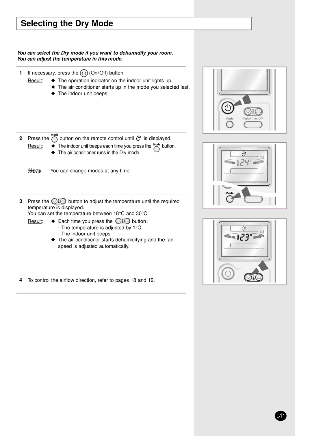 Samsung AS12CM2X, AS09CM1X, AS09CM2X, AS09CM2N, AS09CM1N, AS18CM1N, AS18CM2N, AS24CM1X, AS24CM2N, AS24CM1N Selecting the Dry Mode 