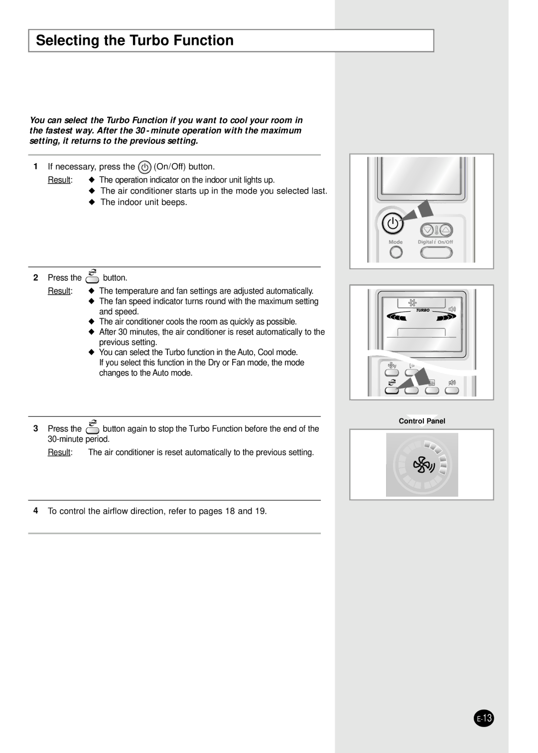 Samsung AS12CM1X, AS09CM1X, AS09CM2X, AS09CM2N, AS09CM1N, AS18CM1N, AS18CM2N, AS24CM1X, AS24CM2N Selecting the Turbo Function 