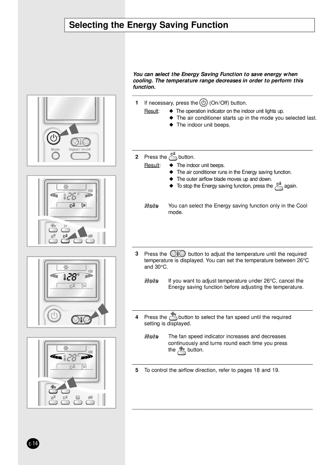 Samsung AS12CM1N, AS09CM1X, AS09CM2X, AS09CM2N, AS09CM1N, AS18CM1N, AS18CM2N, AS24CM1X Selecting the Energy Saving Function 