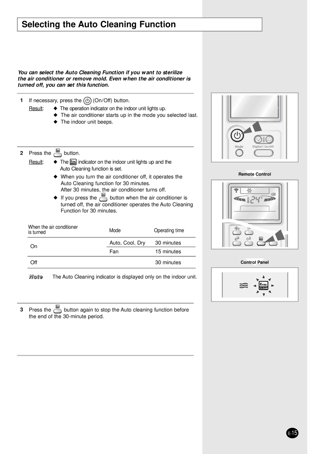 Samsung AS09CM1X, AS09CM2X Selecting the Auto Cleaning Function, When the air conditioner Mode Operating time Is turned 