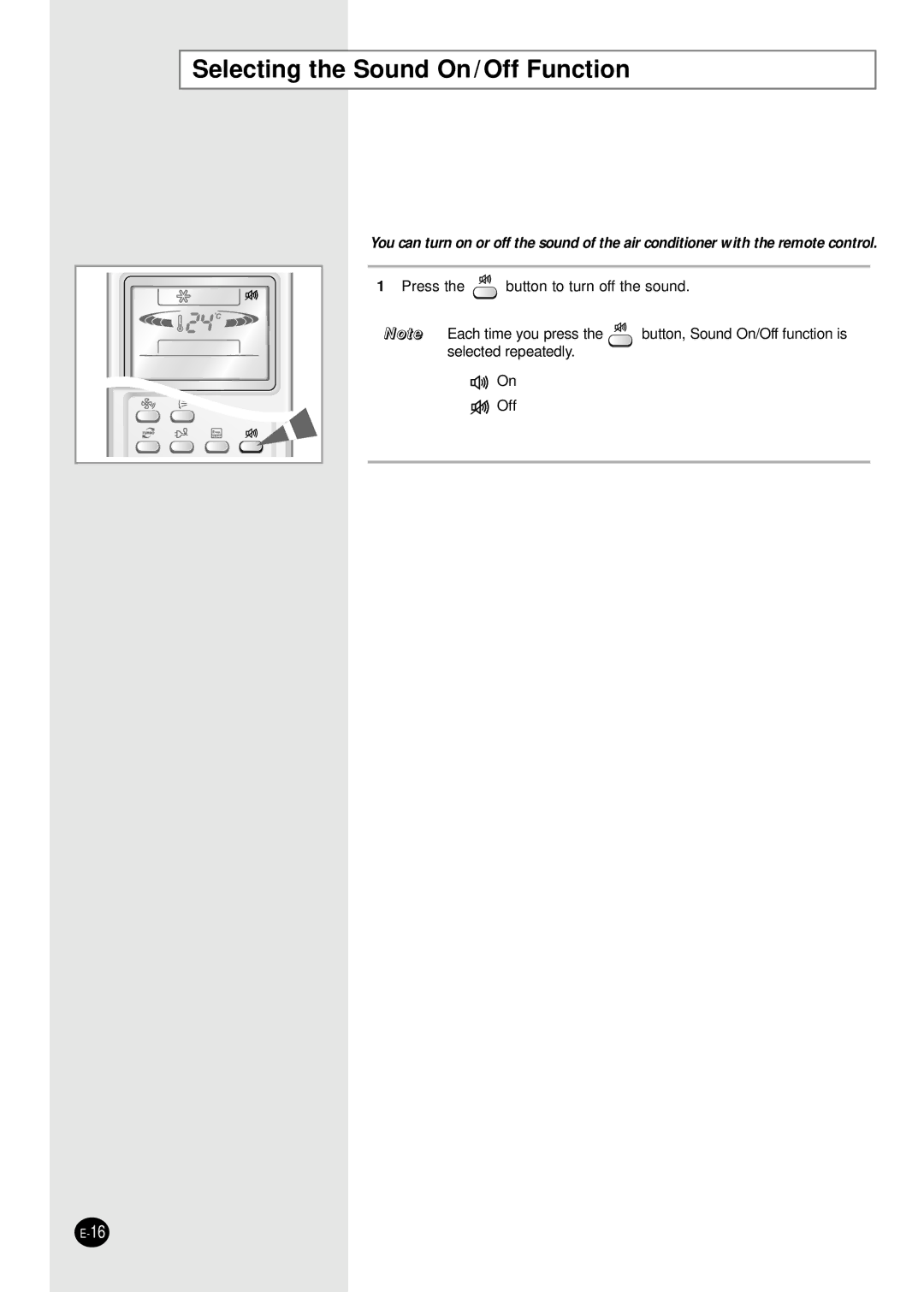 Samsung AS09CM2X, AS09CM1X, AS09CM2N, AS09CM1N, AS18CM1N, AS18CM2N, AS24CM1X, AS24CM2N Selecting the Sound On / Off Function 