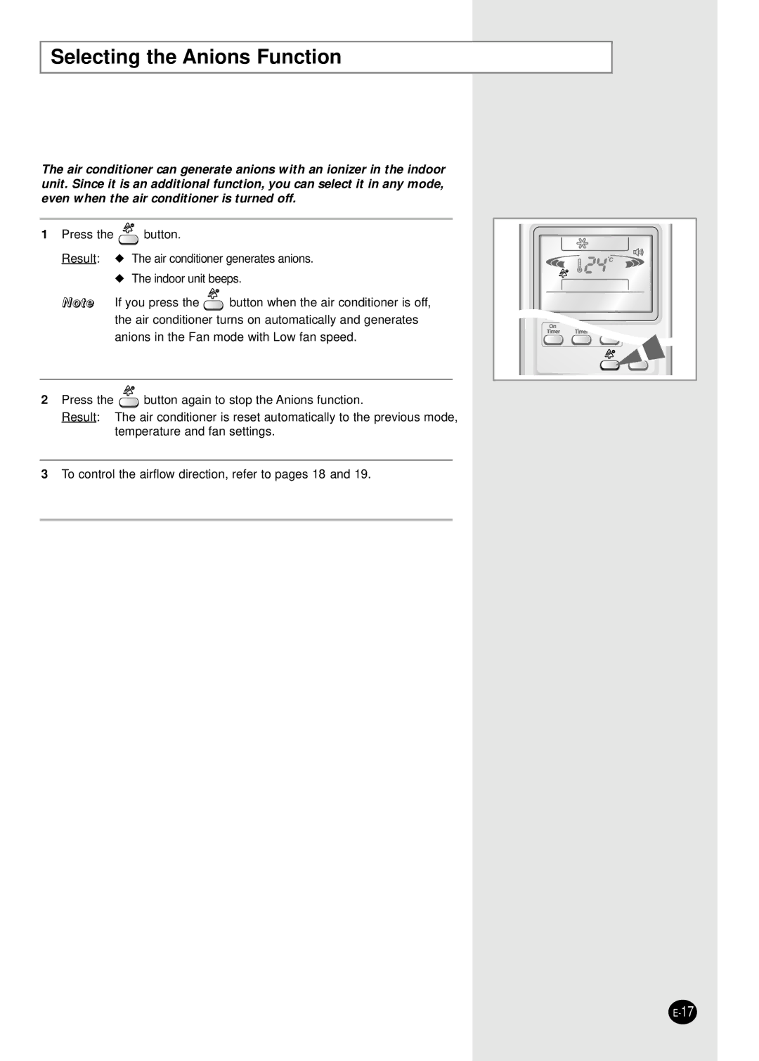 Samsung AS09CM2N, AS09CM1X, AS09CM2X, AS09CM1N, AS18CM1N, AS18CM2N, AS24CM1X, AS24CM2N, AS24CM1N Selecting the Anions Function 