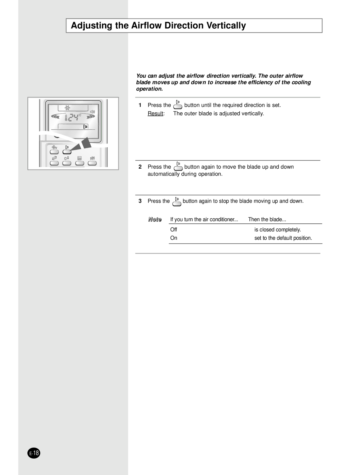 Samsung AS09CM1N, AS09CM1X, AS09CM2X, AS09CM2N, AS18CM1N, AS18CM2N, AS24CM1X Adjusting the Airflow Direction Vertically 