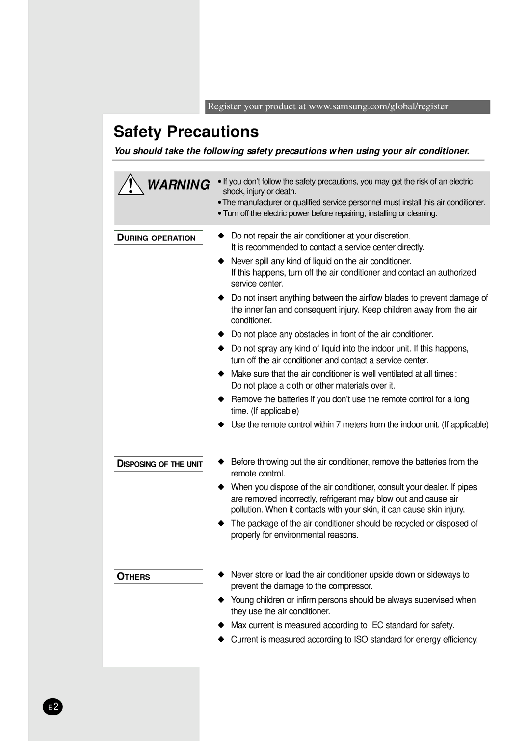 Samsung AS09CM2N, AS09CM1X, AS09CM2X, AS09CM1N, AS18CM1N, AS18CM2N, AS24CM1X, AS24CM2N, AS24CM1N, AS18CM2X Safety Precautions 