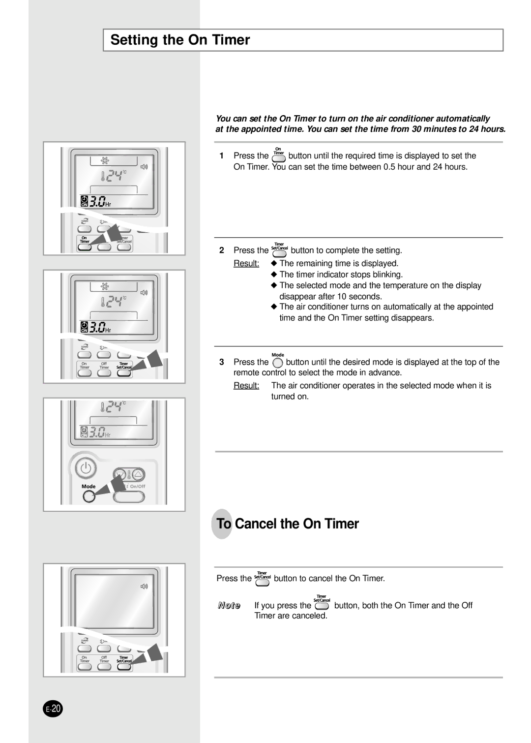 Samsung AS18CM2N, AS09CM1X, AS09CM2X, AS09CM2N, AS09CM1N, AS18CM1N, AS24CM1X Setting the On Timer, To Cancel the On Timer 