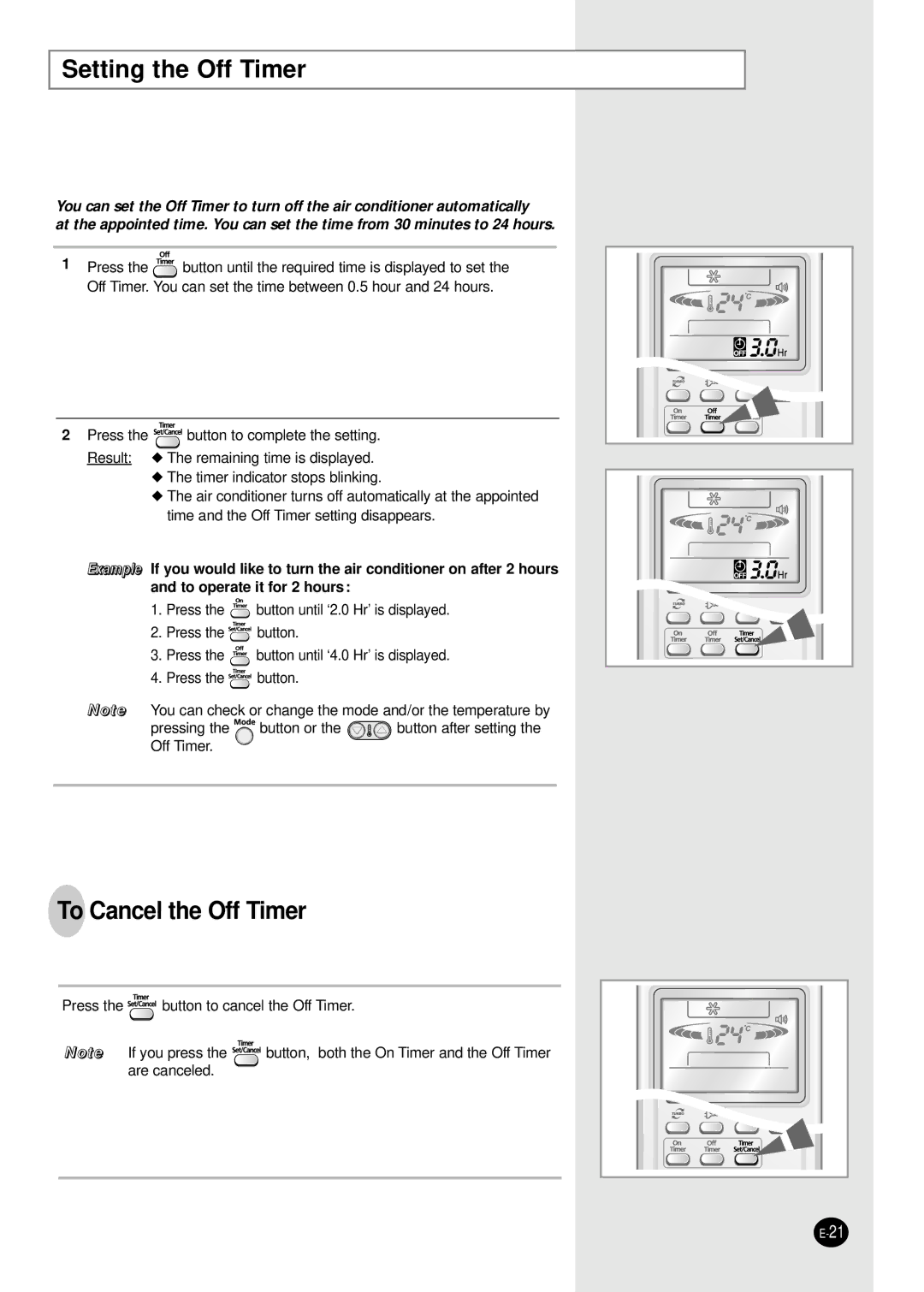 Samsung AS24CM1X, AS09CM1X, AS09CM2X, AS09CM2N, AS09CM1N, AS18CM1N, AS18CM2N Setting the Off Timer, To Cancel the Off Timer 