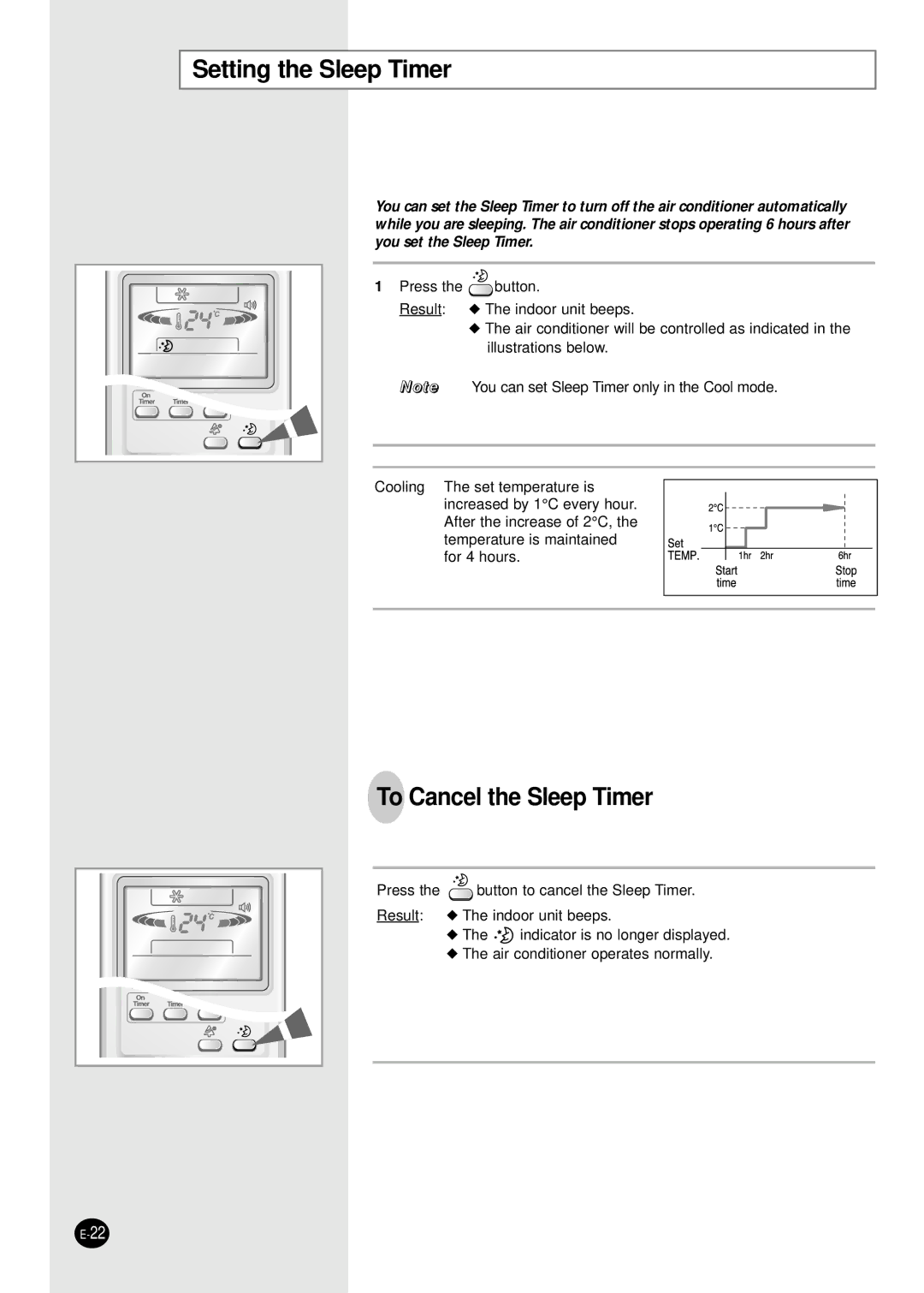 Samsung AS24CM2N, AS09CM1X, AS09CM2X, AS09CM2N, AS09CM1N, AS18CM1N, AS18CM2N Setting the Sleep Timer, To Cancel the Sleep Timer 