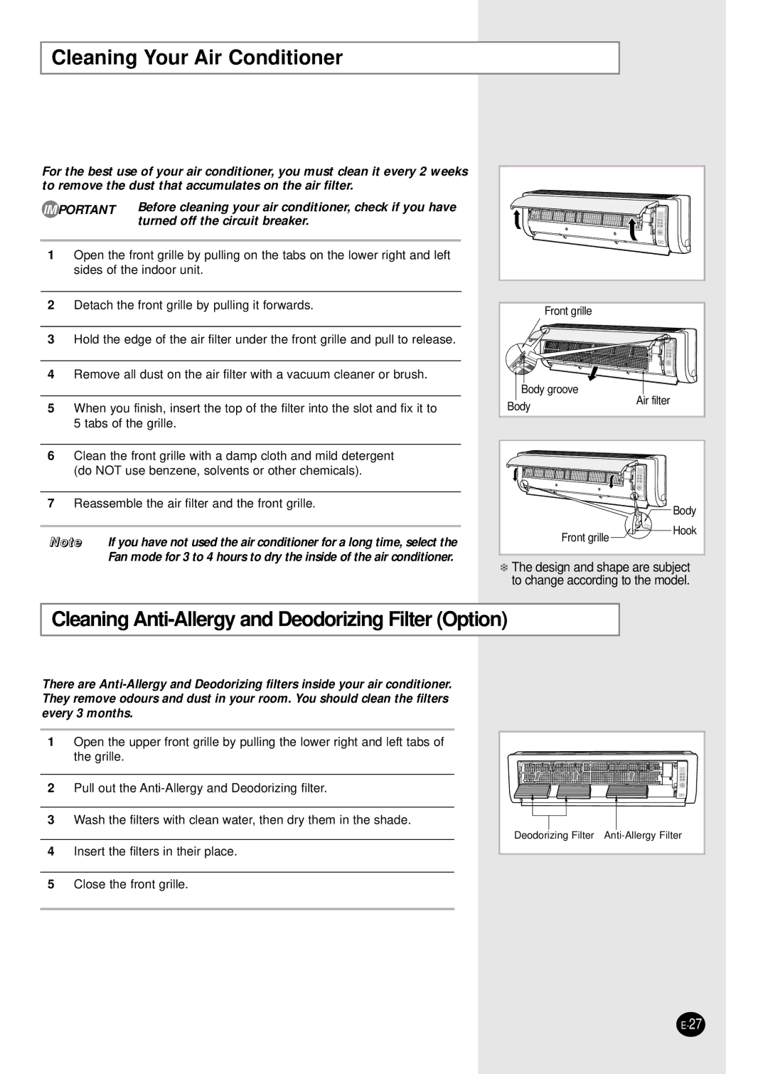 Samsung AS12CM2N, AS09CM1X, AS09CM2X Cleaning Your Air Conditioner, Cleaning Anti-Allergy and Deodorizing Filter Option 